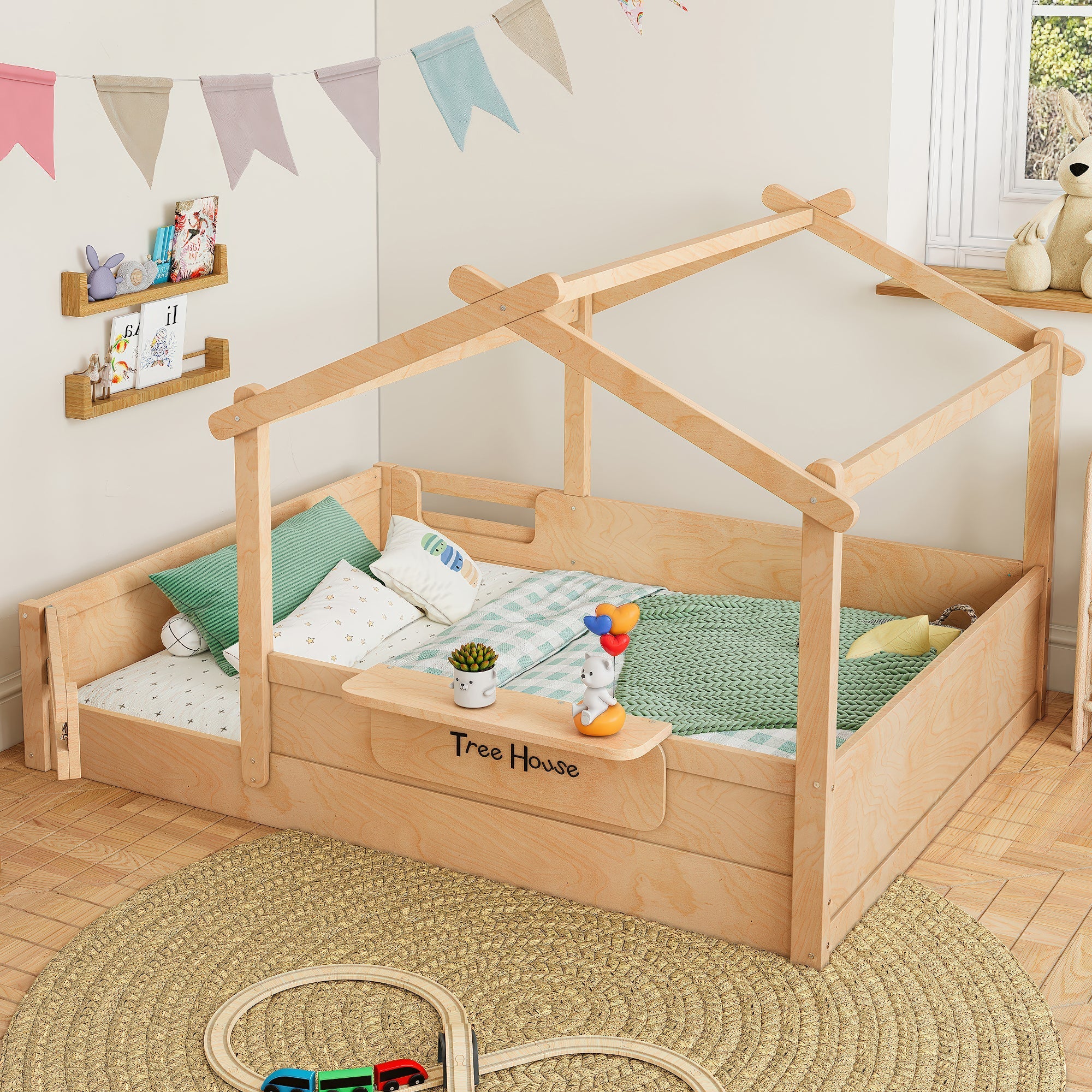 Full Size Floor Bed with Guardrails and Roof, Kids House Floor Bed with a Small Built-in Tray and Free-installed Signboard, Childlike Design, Natural