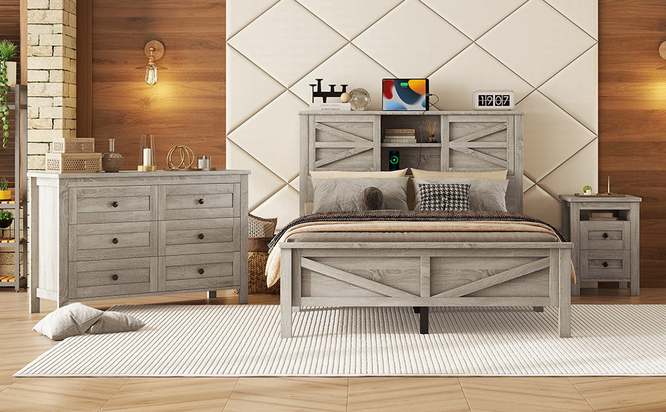 3-Pieces Bedroom Sets Full Size Farmhouse Platform Bed with Double Sliding Door Storage Headboard and Charging Station, Storage Nightstand and Dresser, Antique Gray(Old SKU HL000091AAG)