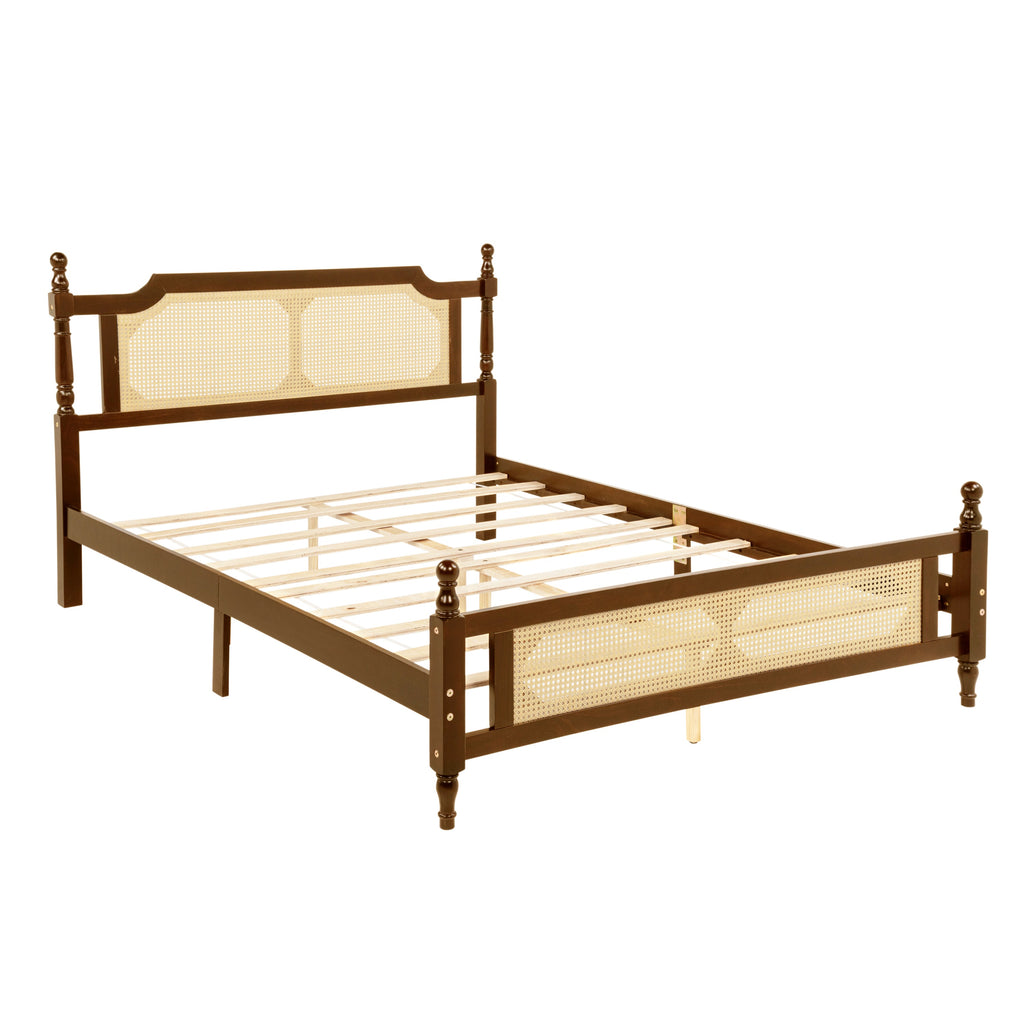 Queen Pine wooden Bed with Rattan Headboard  and Footboard, with  Central Enhanced Bed Platform,Walnut