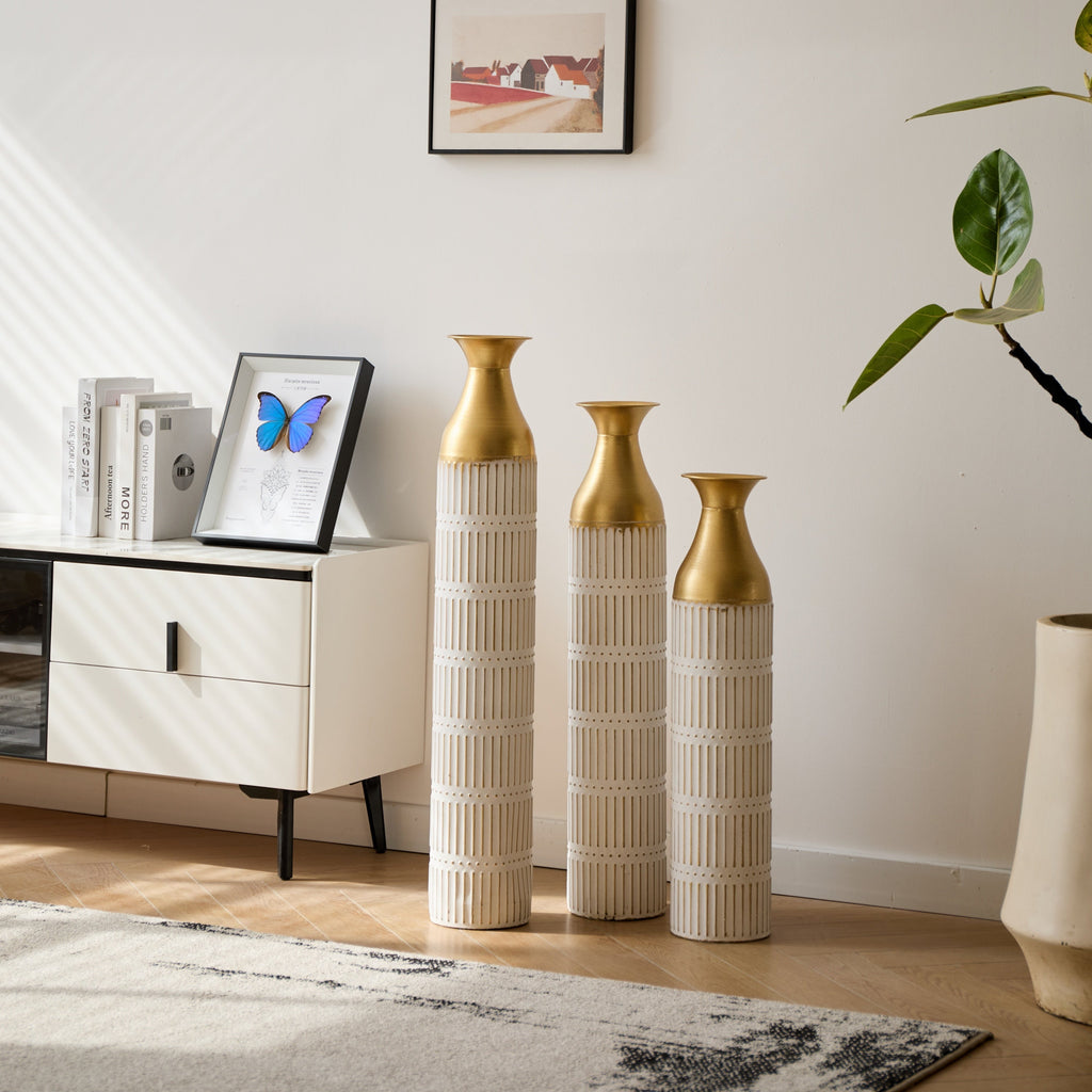 Floor Metal Vases Decorated White Metal Vases Set of 3 Gorgeous Home Decoration Large Glazed Metal Vases 24in/28.7in/33.5in Height