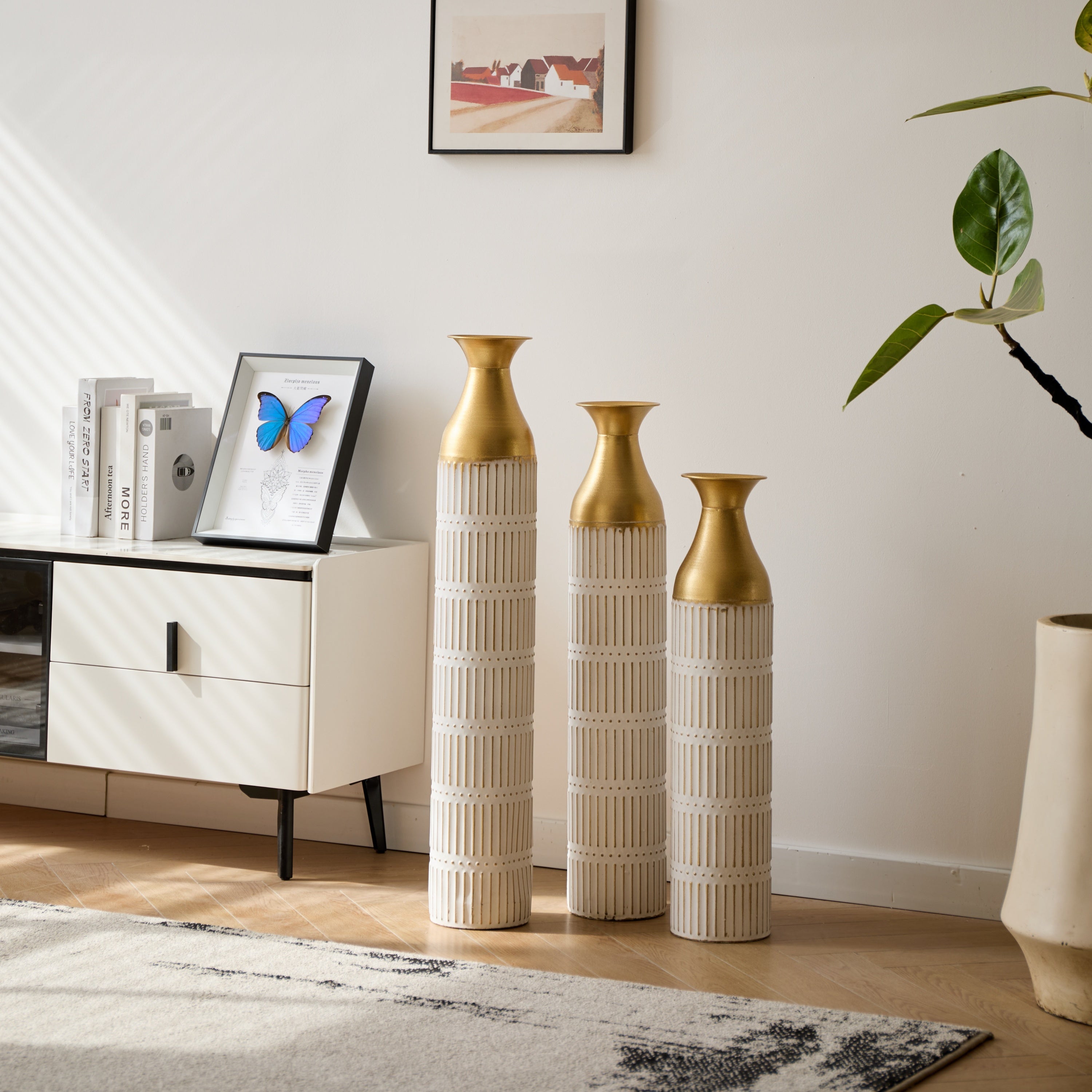 Floor Metal Vases Decorated White Metal Vases Set of 3 Gorgeous Home Decoration Large Glazed Metal Vases 24in/28.7in/33.5in Height