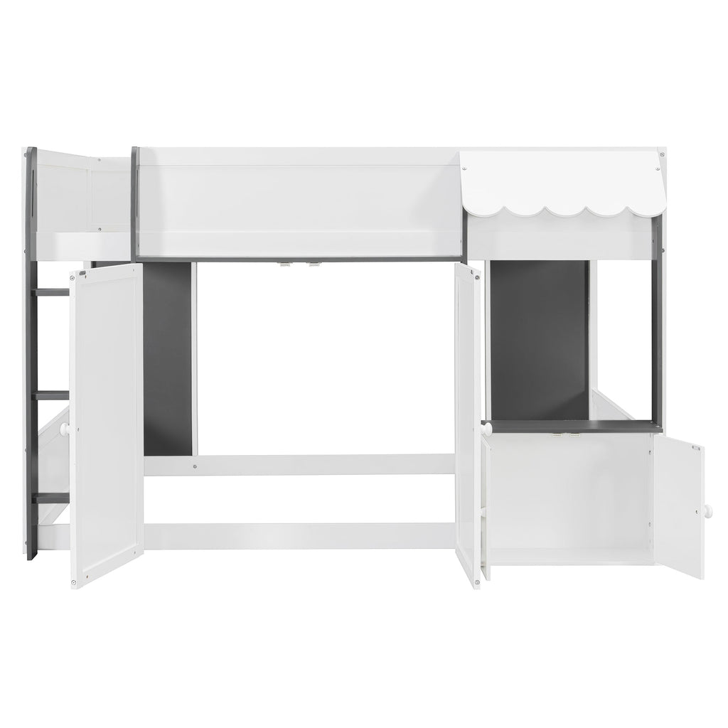 Full Loft House Bed with Playhouse & Storage, Modern Wood Cabin Bed for Kids/Teens, White+Gray