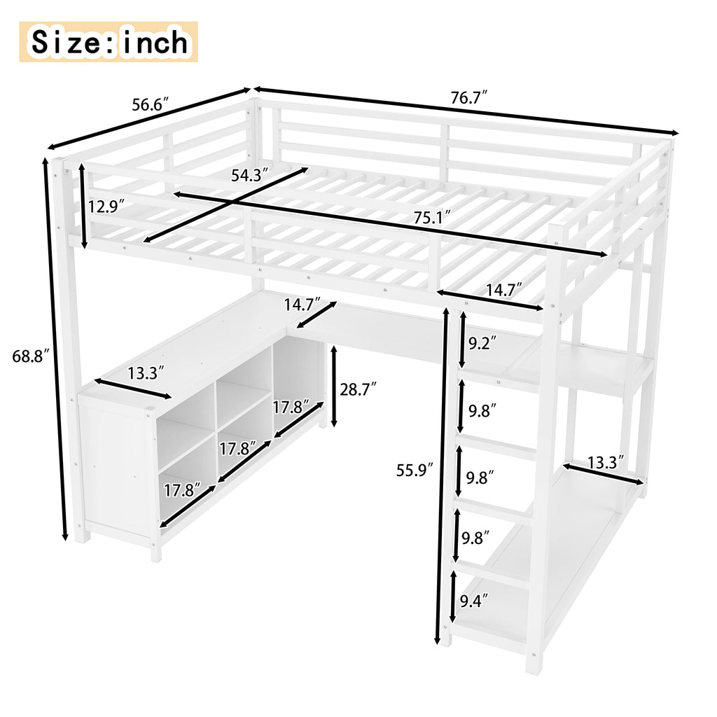 Metal Loft Bed with Wardrobe and L-shaped Desk, Full Size Loft Bed with Storage Cubes and Shelves, Loft Bed for Kids Teens Adults, White