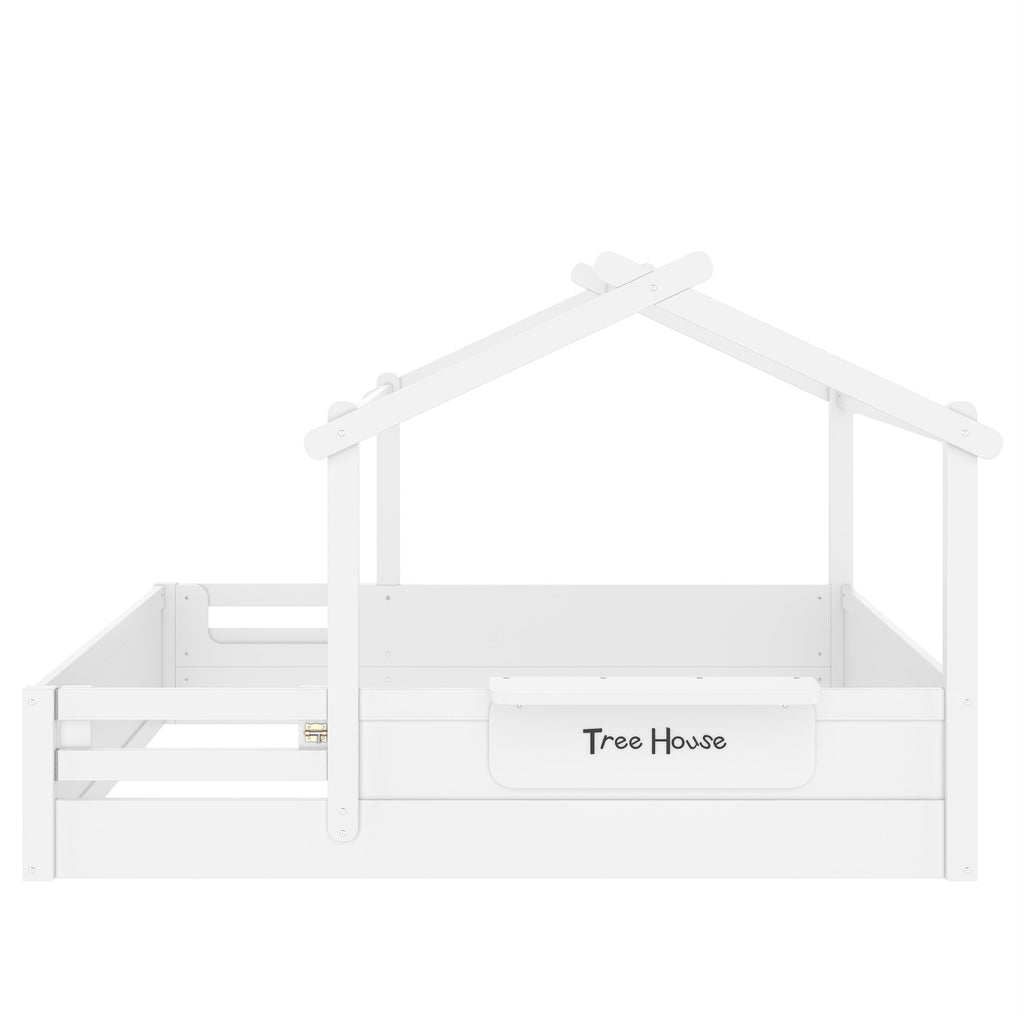 Full Size Floor Bed with Guardrails and Roof, Kids House Floor Bed with a Small Built-in Tray and Free-installed Signboard, Childlike Design, White