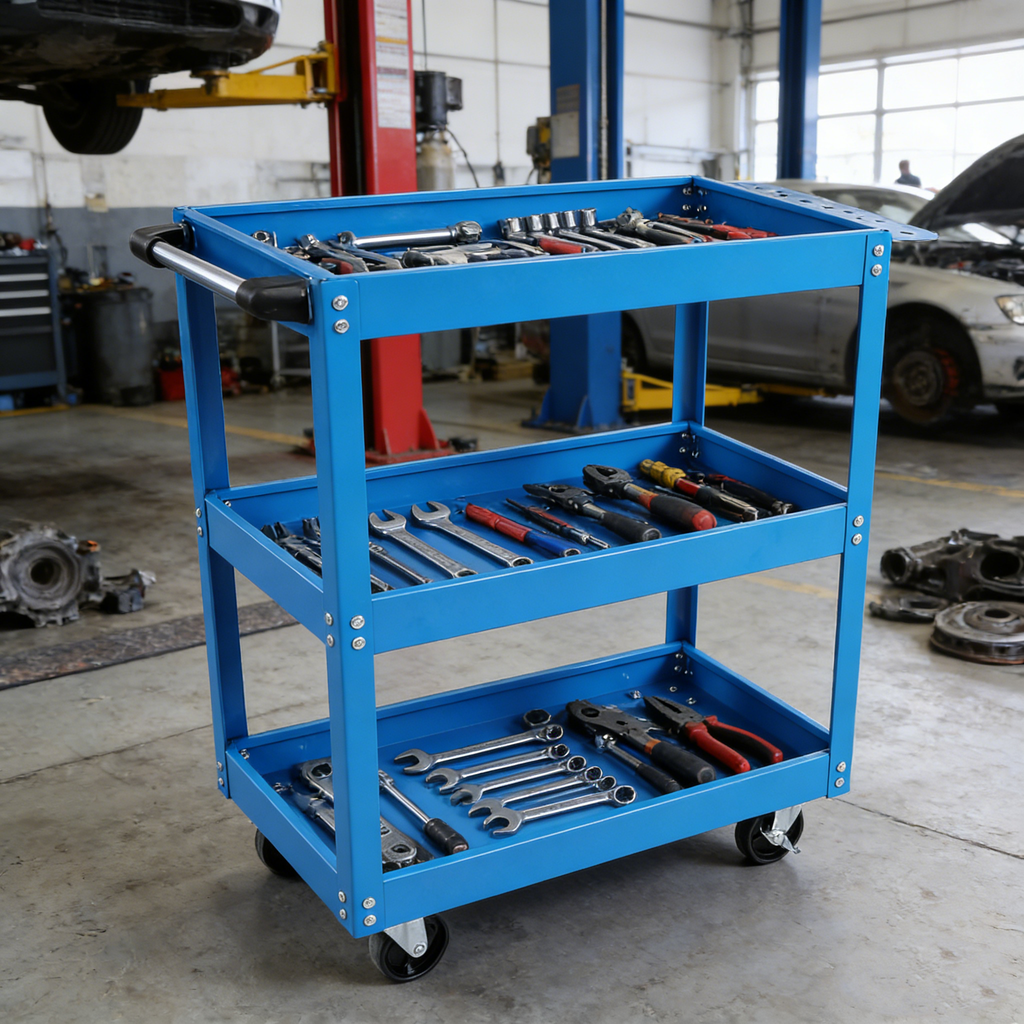 Tool Cart on Wheels, 3 Tier Rolling Mechanic Tool Cart, Heavy Duty Steel Utility Cart w/Lockable Wheels, 450 LBS Capacity Industrial Service Cart for Garage, Warehouse, Workshop (blue)