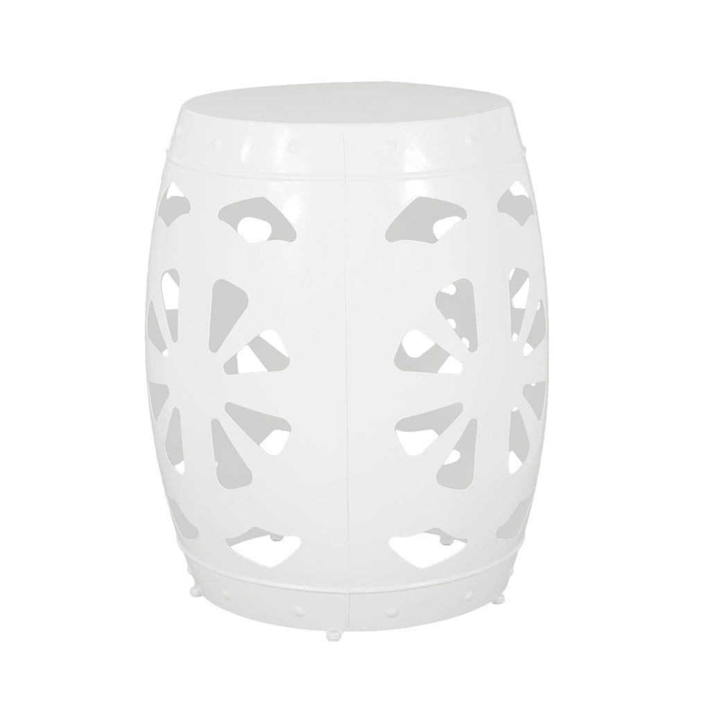 Modern White Metal End Table with Floral Iron Cut Design and Powder-Coated Frame