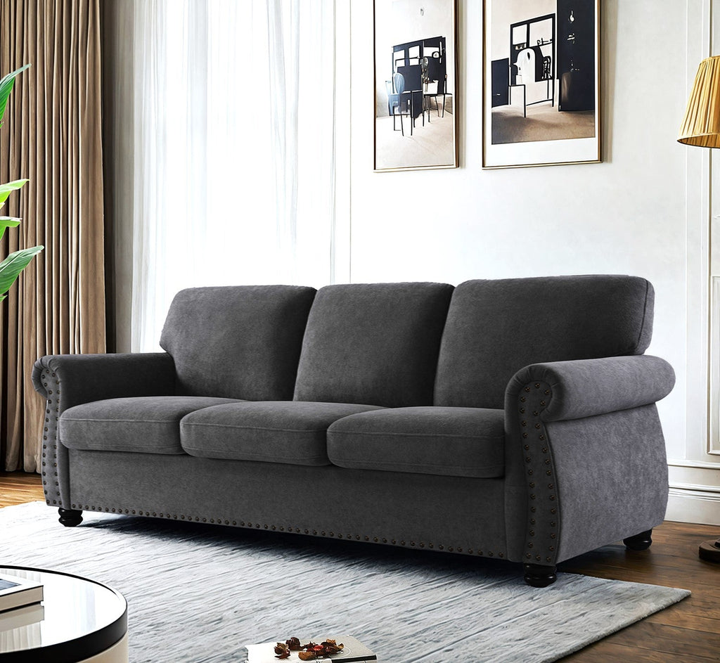 Soft Velvet Sofa, Upholstered 3 Seater Couch with High-Density Foam, Loose Back Cushions and Solid Wood Turned Legs, Chic Living Room Furniture for Home, Apartment and Office, Black
