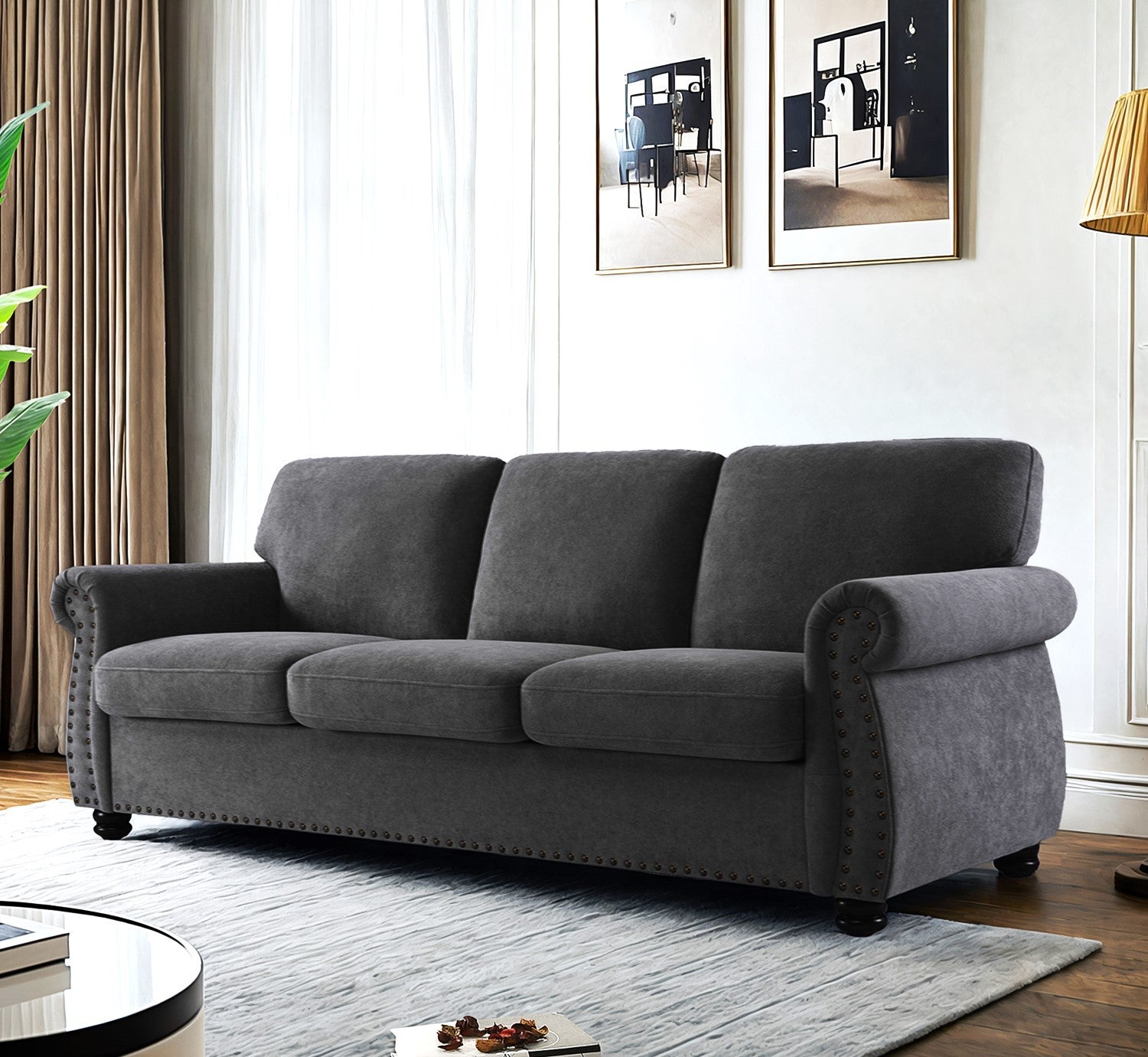 Soft Velvet Sofa, Upholstered 3 Seater Couch with High-Density Foam, Loose Back Cushions and Solid Wood Turned Legs, Chic Living Room Furniture for Home, Apartment and Office, Black