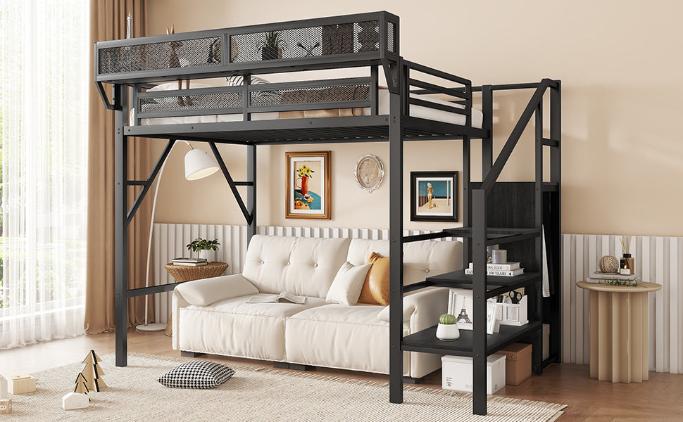 Twin Size Loft Bed with Stairs, Metal Full Loft Bed with Storage Shelves, High Loft Bed with Wardrobe for Kids Teens, Black(Expect Arrival Date 2025/9/22)