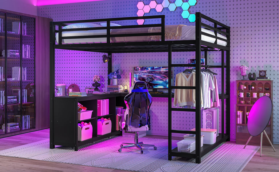 Metal Loft Bed with Wardrobe and L-shaped Desk, Queen Size Loft Bed with Storage Cubes and Shelves, Loft Bed for Kids Teens Adults, Black