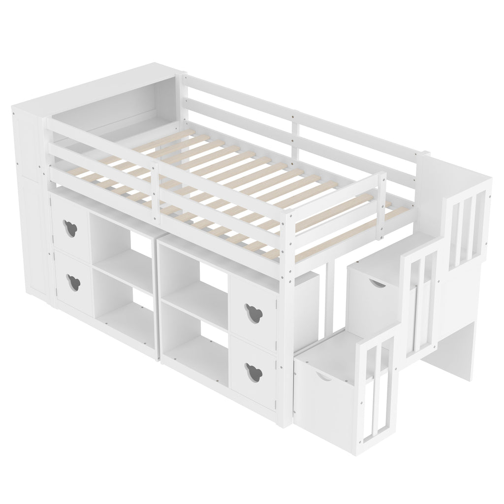 Kids Twin Loft Bed with Storage Cabinets, Staircase Drawers & LED Lights – Solid Wood Low Loft Bed with Shelves, Guardrails, and Fun Bear Handles – Space-Saving Design for Boys & Girls Bedroom (White)