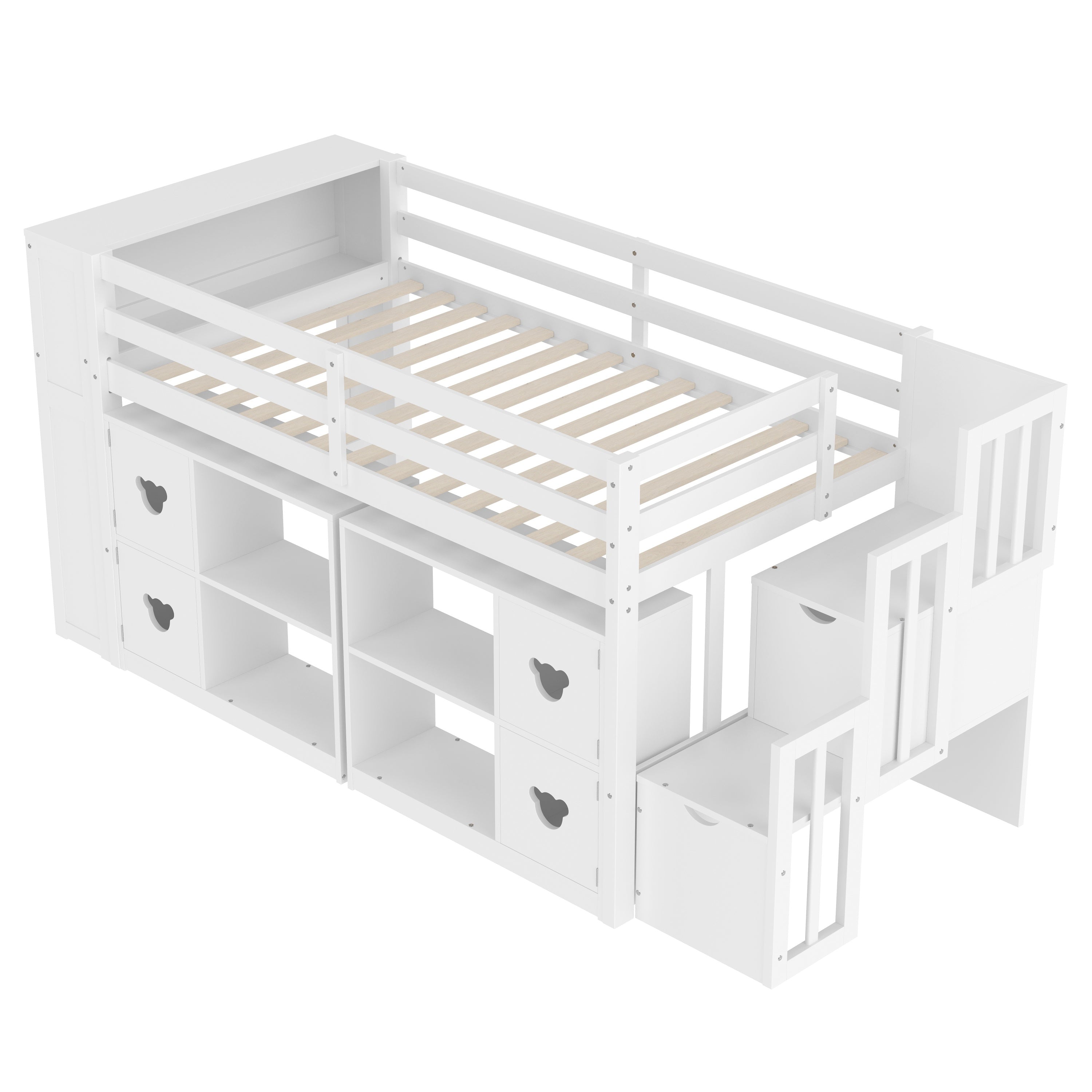 Kids Twin Loft Bed with Storage Cabinets, Staircase Drawers & LED Lights – Solid Wood Low Loft Bed with Shelves, Guardrails, and Fun Bear Handles – Space-Saving Design for Boys & Girls Bedroom (White)