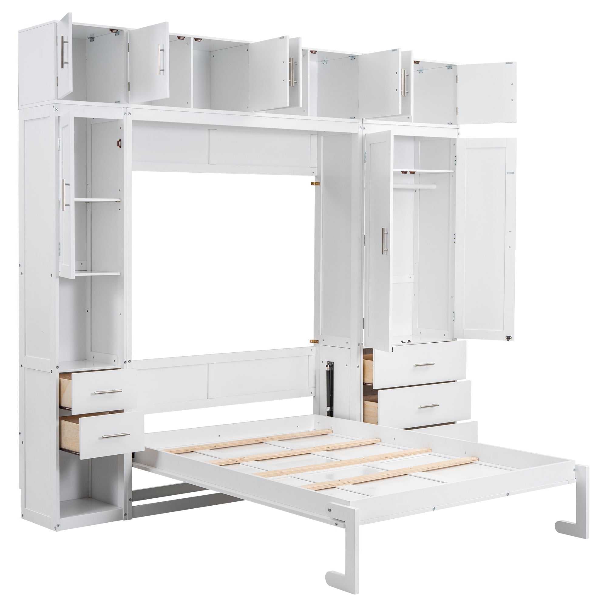 White Full Size Murphy Bed with Lockers and Wardrobes, MDF+Pine, 108.4''L x 15.7''W x 99''H