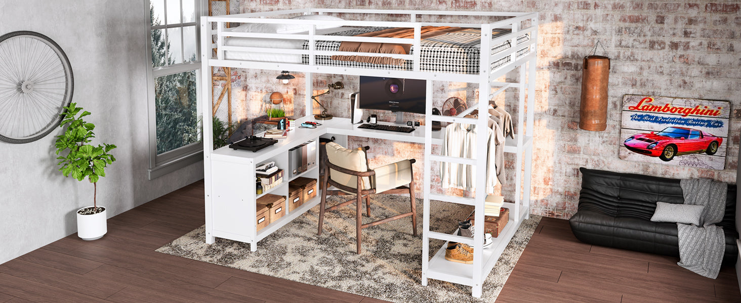 Metal Loft Bed with Wardrobe and L-shaped Desk, Full Size Loft Bed with Storage Cubes and Shelves, Loft Bed for Kids Teens Adults, White