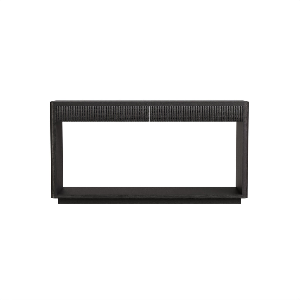 60' Modern 2-Drawer Fluted Console Table Natural Wood Veneer Sofa Table Behind Couch Table for Living Room, Hallway, Entryway, Home Office, Black