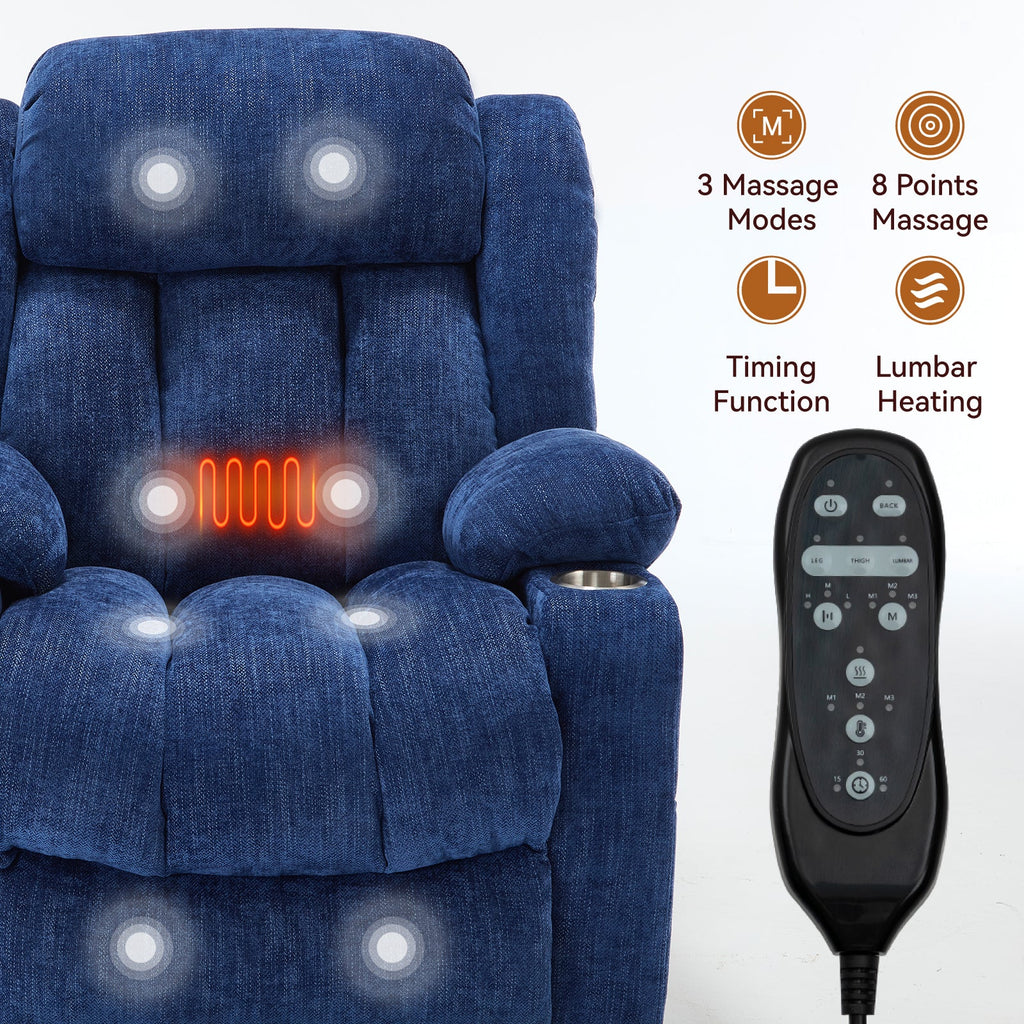 Up to 350 LBS Chenille Power Lift Recliner Chair, Heavy Duty Motion Mechanism with 8-Point Vibration Massage and Lumbar Heating, USB and Type-C Ports, Stainless Steel Cup Holders, Blue