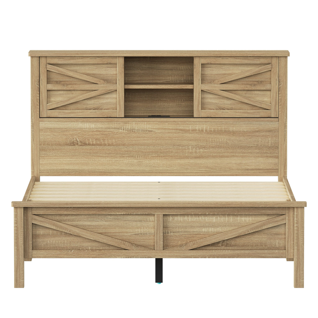 3-Pieces Bedroom Sets Queen Size Farmhouse Platform Bed with Double Sliding Door Storage Headboard and Charging Station, Storage Nightstand and Dresser, Natural