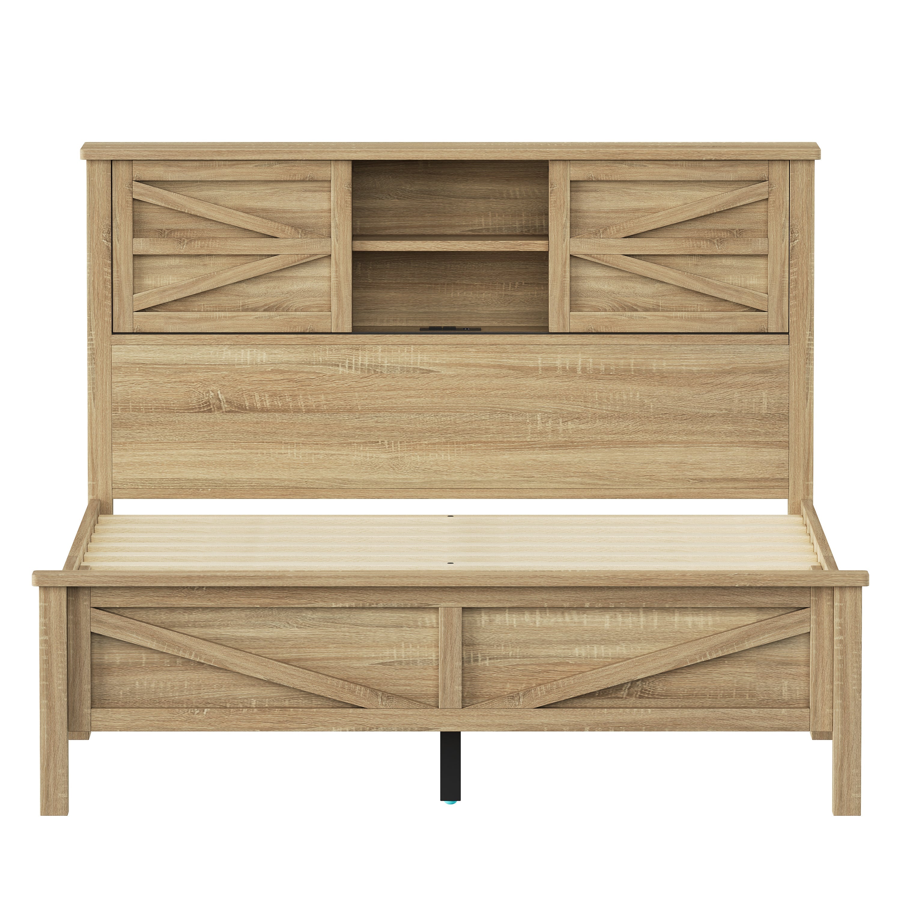 3-Pieces Bedroom Sets Queen Size Farmhouse Platform Bed with Double Sliding Door Storage Headboard and Charging Station, Storage Nightstand and Dresser, Natural
