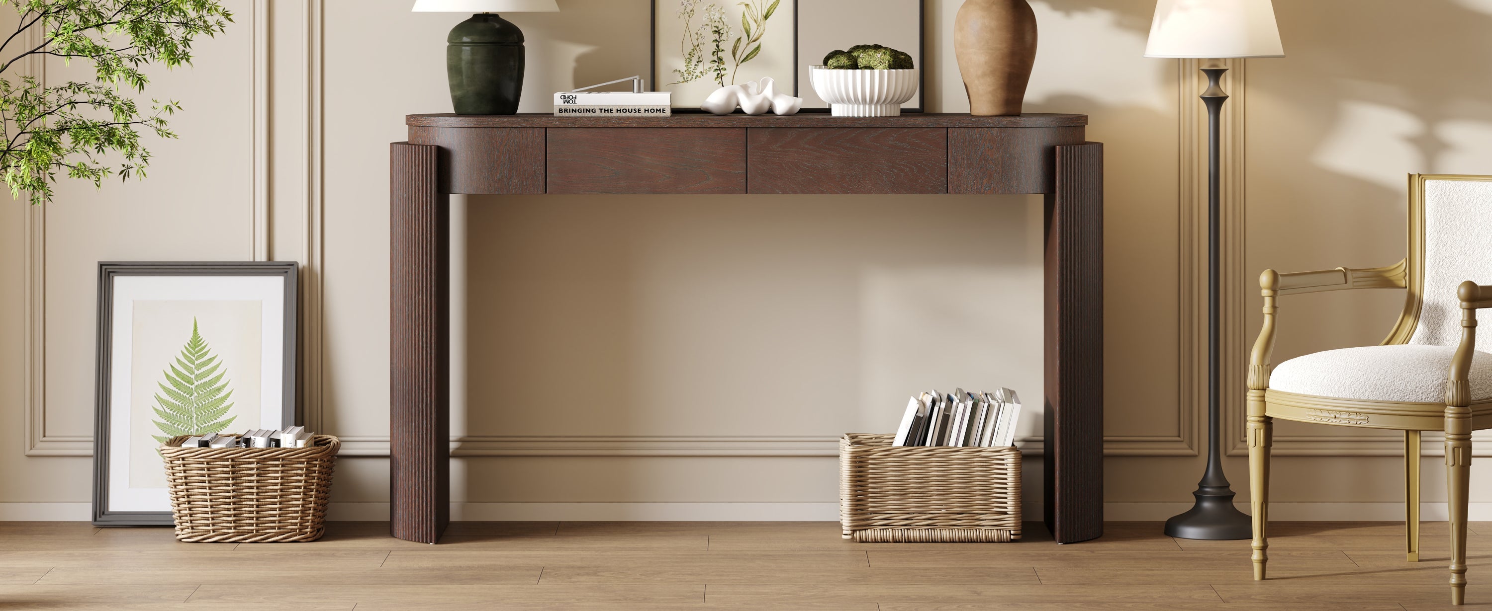 TREXM Entryway Table with Natural Wood Grain Finish, Console Table with Fluted Design, Oval Top and 2 Drawers for Entryway and Living Room (Espresso)