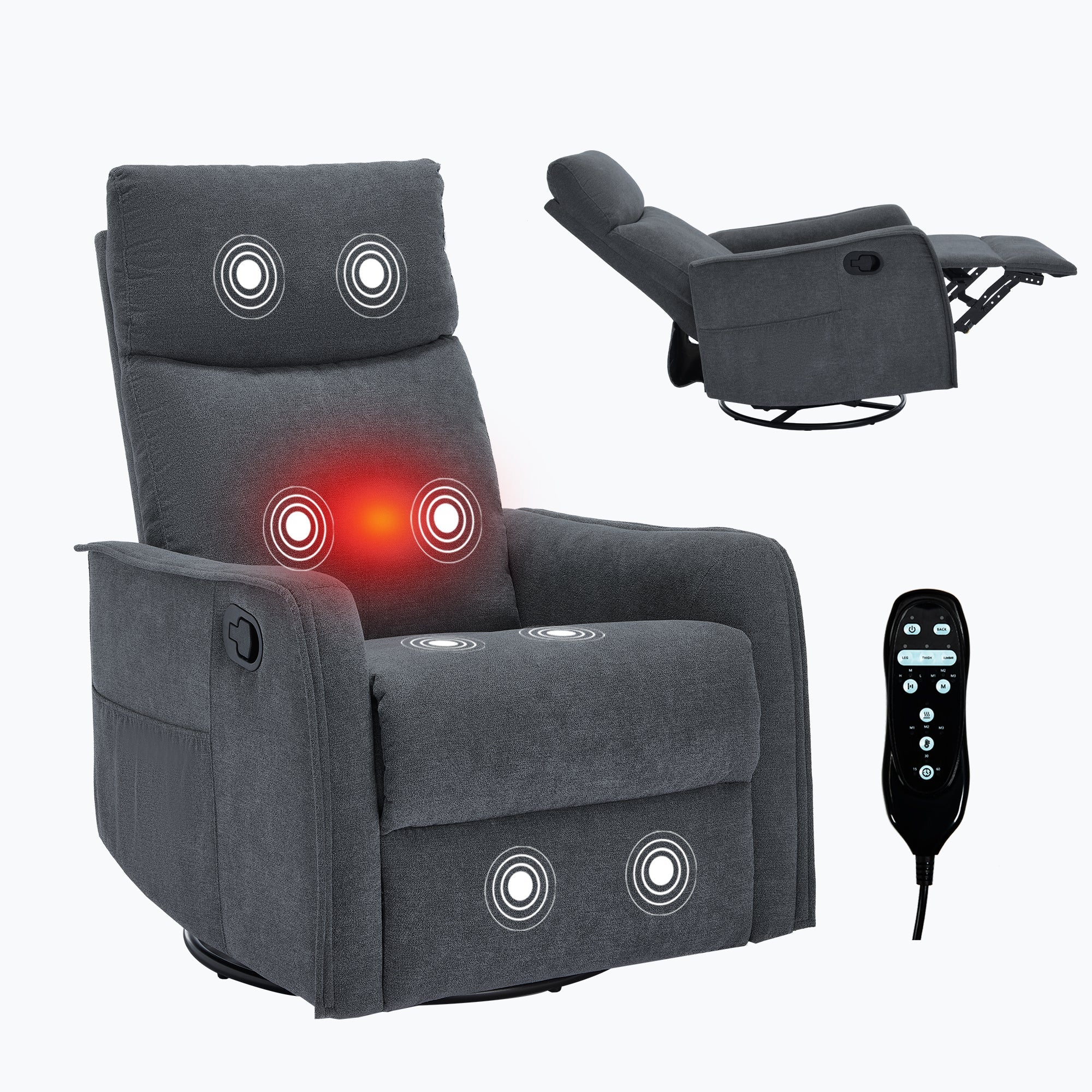 Heat Massage Manual Recliner Chair with Rocker and Swivel in Fabric for Living Room, Grey