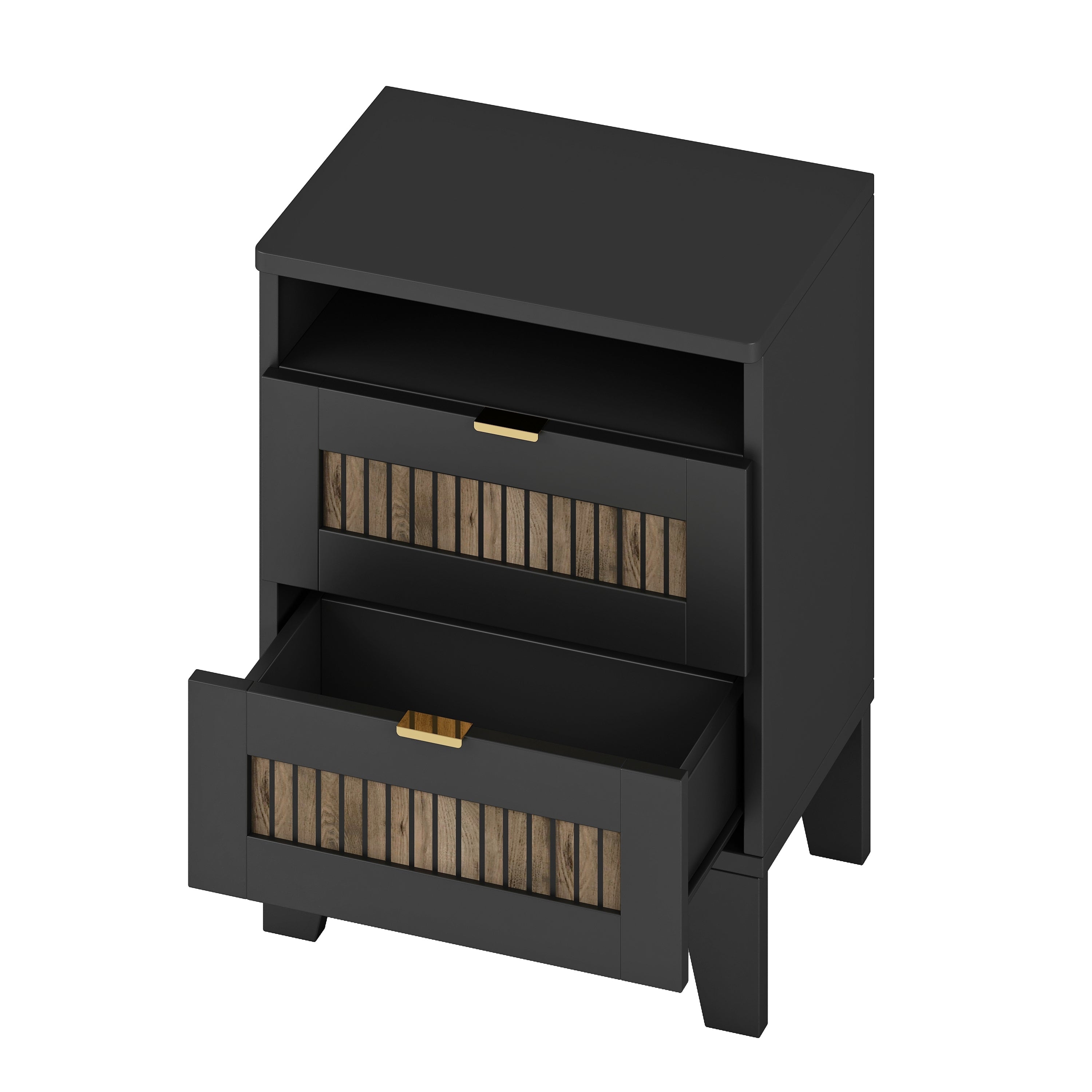 4-Pieces Bedroom Sets, Queen Size Farmhouse Platform Bed with Wooden Strip Stickers Decoration, Storage Nightstand and Dresser with Metal Handle, Black(Old SKU: HL000191AAB)
