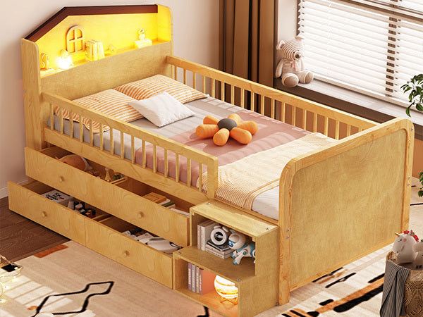 Low Loft Bed with LED Lights, Wooden Twin Loft Bed with House Shape Headboard, Kids Loft Bed with Storage Drawers, Natural (Expect Arrival Date 2025/1/20)