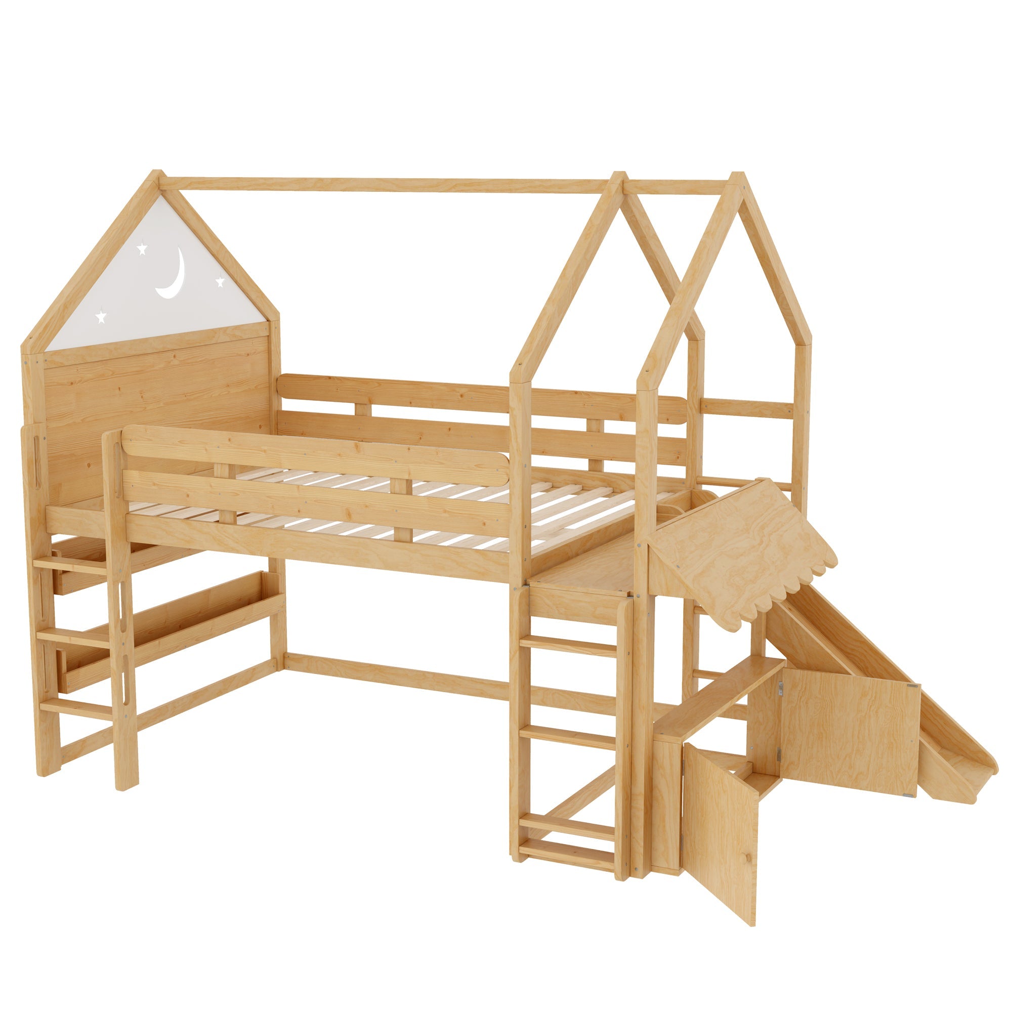 Full Size Loft Bed with Bookshelf Playful Design for Kids House-Shaped Structure with Slide High-Quality Safety Rails,Natural