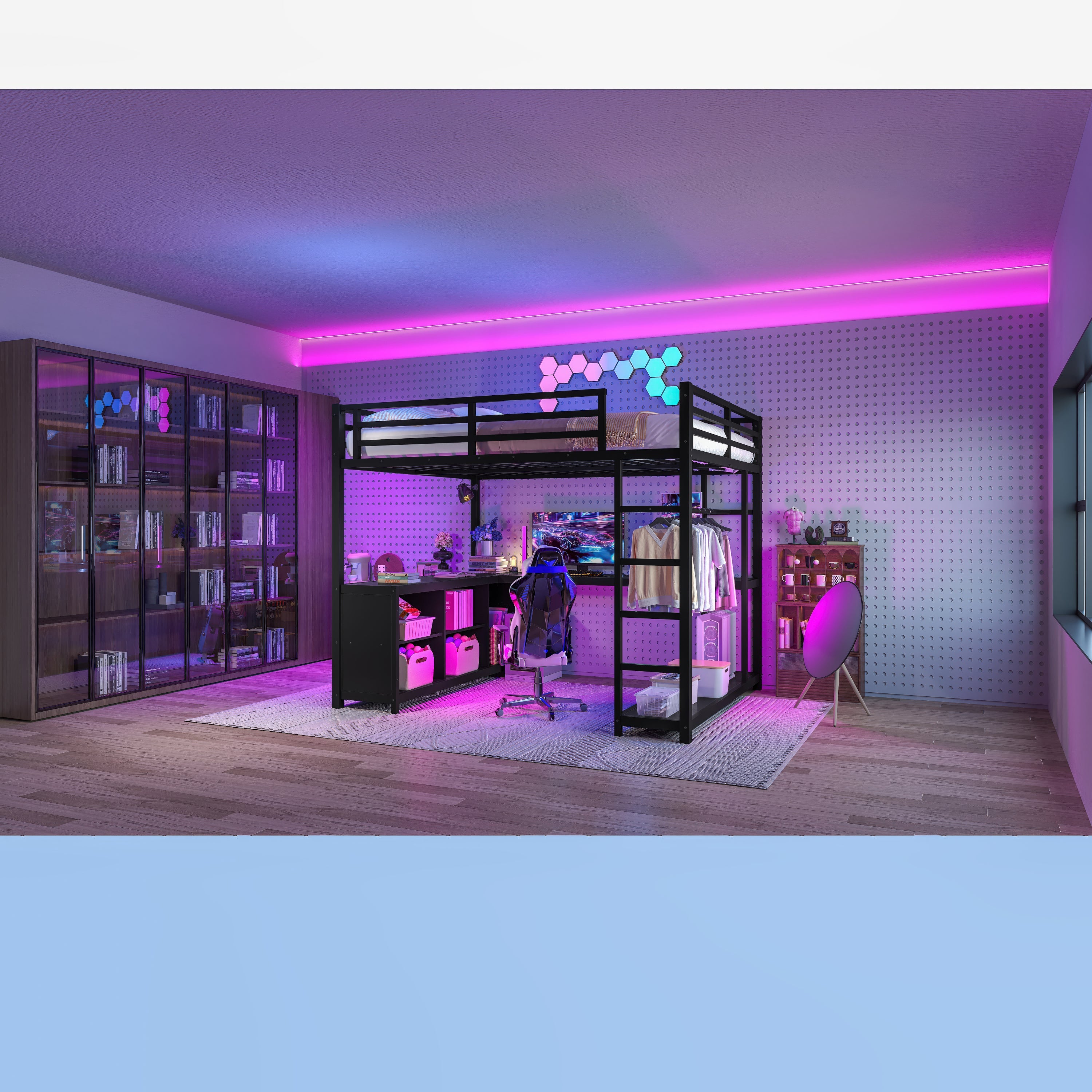 Metal Loft Bed with Wardrobe and L-shaped Desk, Queen Size Loft Bed with Storage Cubes and Shelves, Loft Bed for Kids Teens Adults, Black