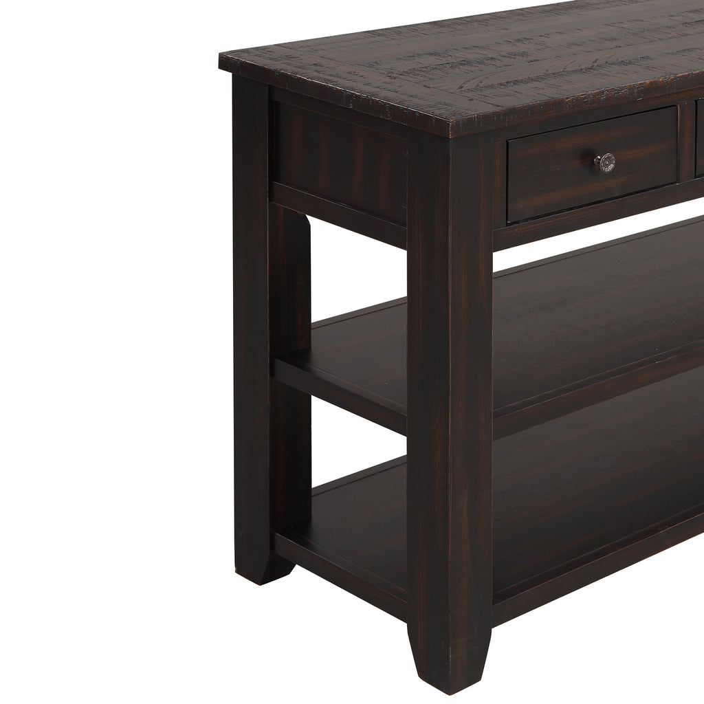 48'' Solid Pine Wood Top Console Table, Modern Entryway Sofa Side Table with 3 Storage Drawers and 2 Shelves. Easy to Assemble ( Black)