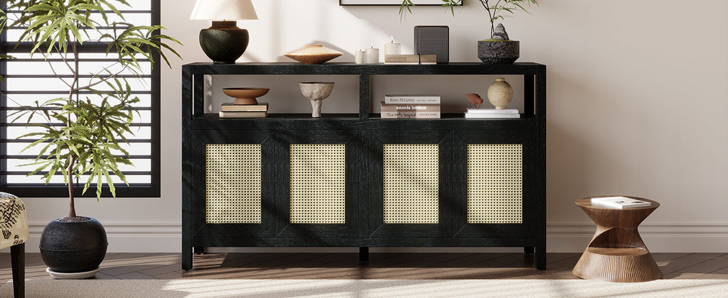 TREXM Bohemian Style Rattan Buffet Storage Cabinet with Solid Wood Frame, Sideboard with 3-position Adjustable Shelves for Living & Dining Rooms, No-Handle Push-to-Open Design (Black)
