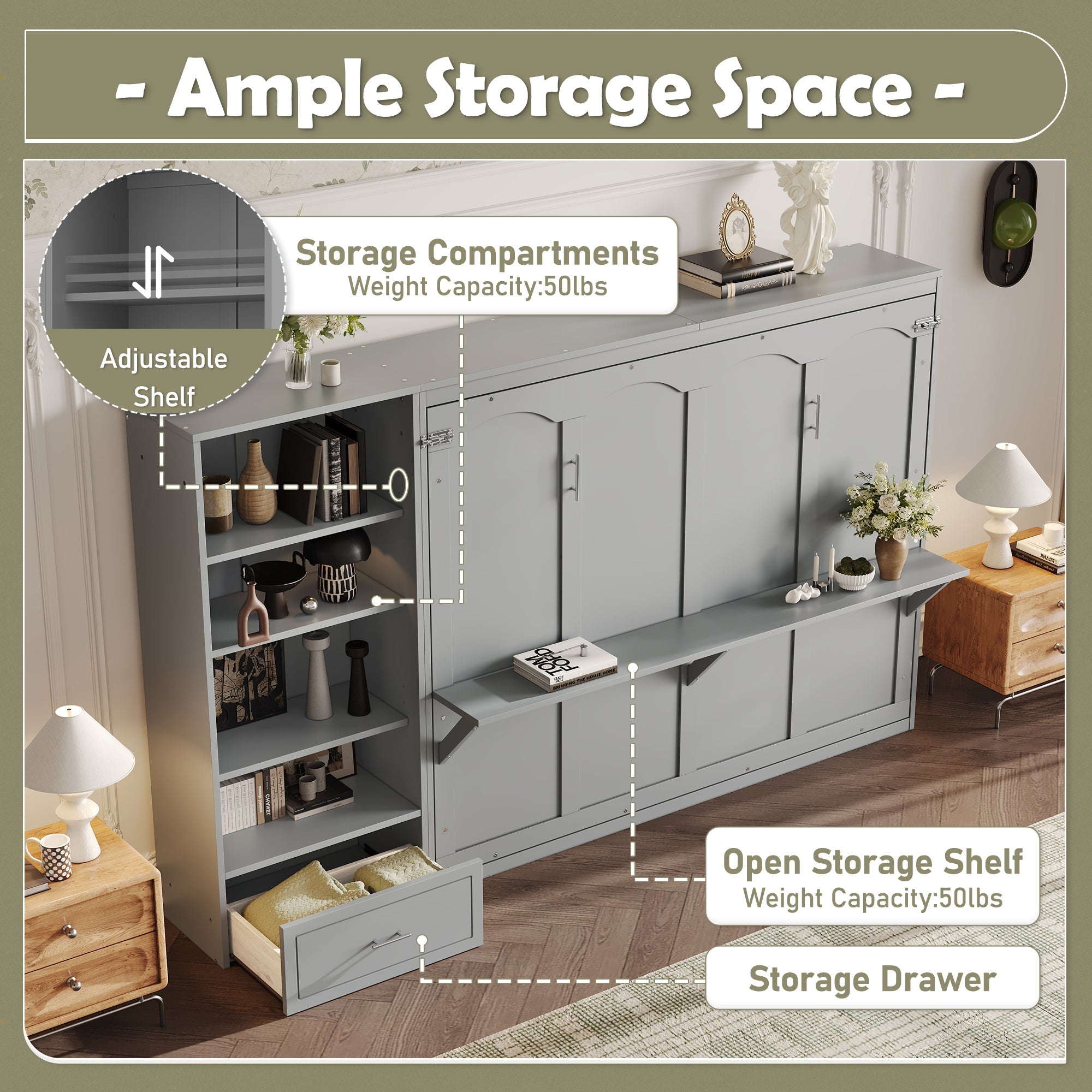 Queen Size Murphy Bed with Height Adjustable Storage Compartments and Shelf, Wall Bed Frame With 1 Drawer, Multifunctional Foldable Platform Bed for Small Space,Bedroom,Guest Room, Gray