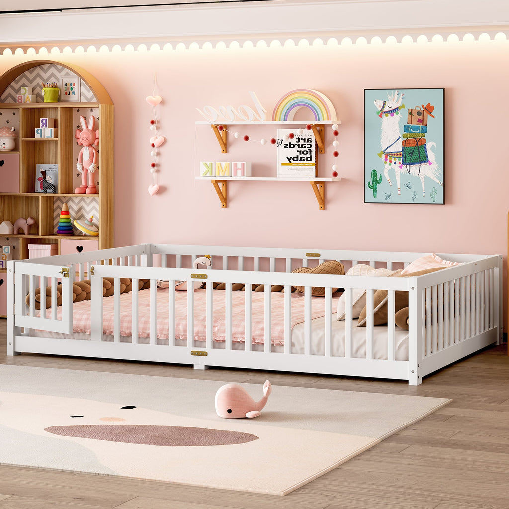 Queen Size Bed Floor Bed with Safety Guardrails and Door for Kids, White(Old SKU:  W1580P154628 )