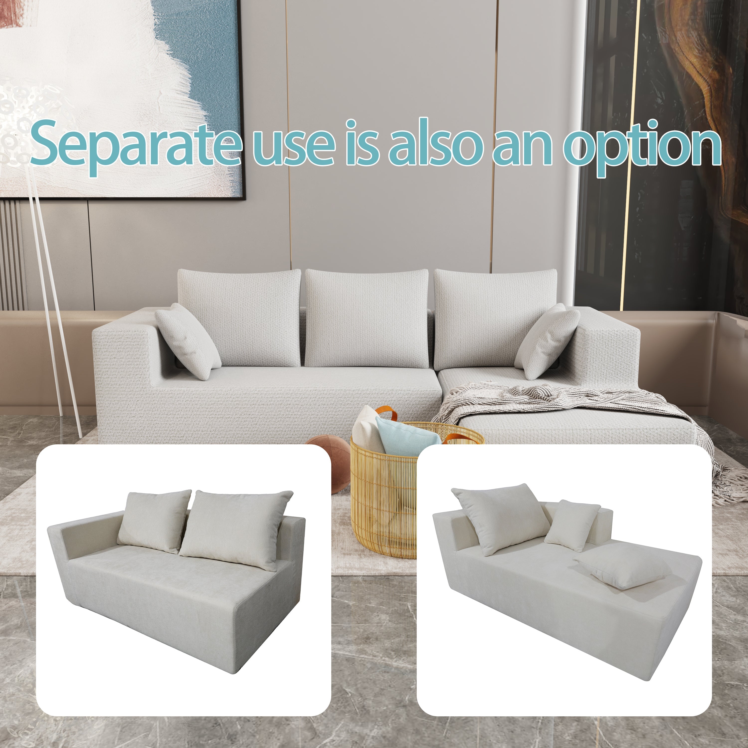 Combination sofa and sofa bed on the right corner, made of high-density sponge and soft linen fabric, with multiple combination methods (beige)
