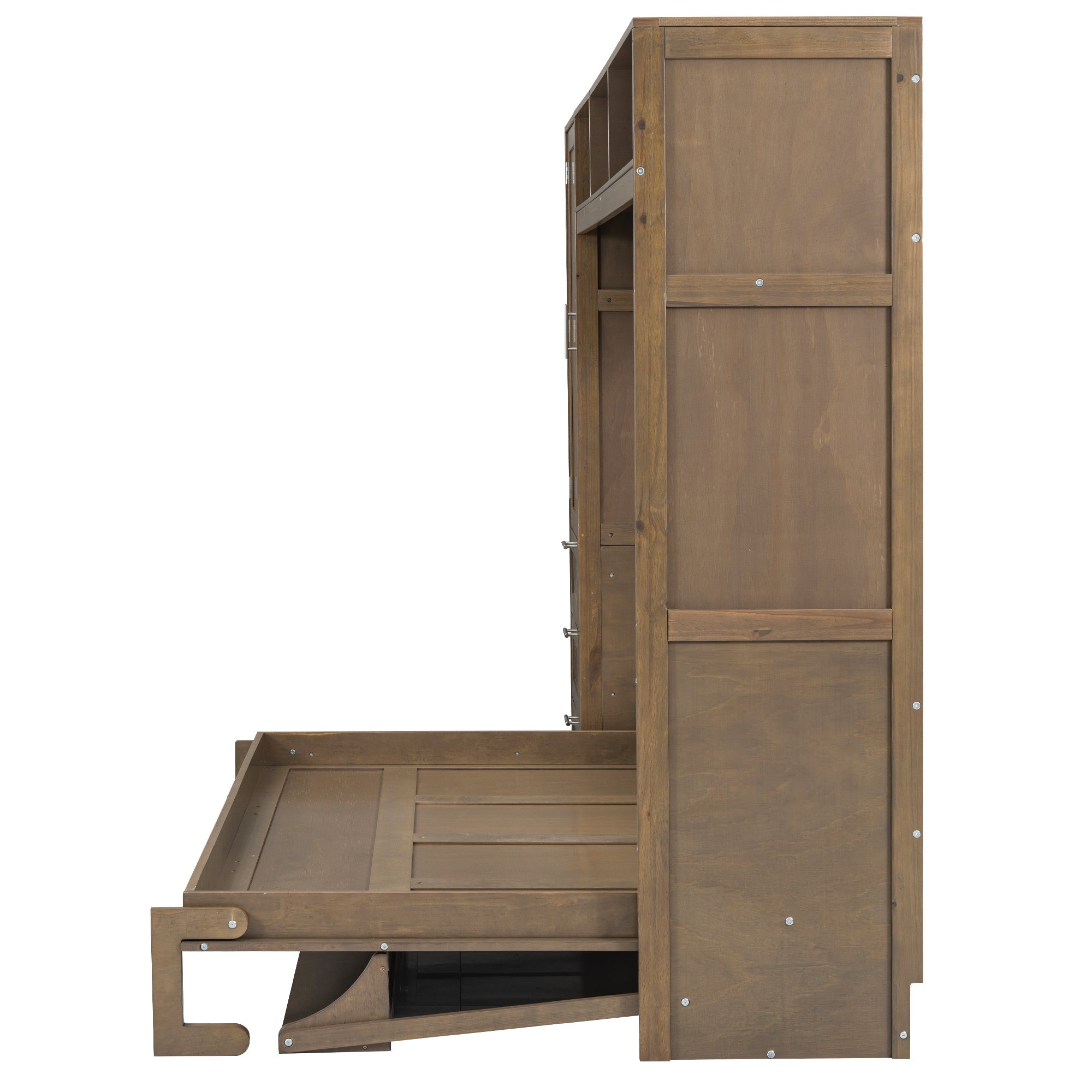 Full Size Murphy Bed with Wardrobe, Drawers and Open Shelves, Antique Wood