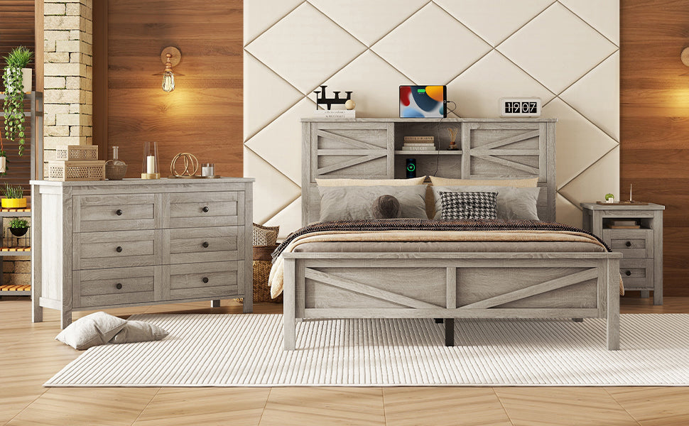 3-Pieces Bedroom Sets Queen Size Farmhouse Platform Bed with Double Sliding Door Storage Headboard and Charging Station, Storage Nightstand and Dresser, Antique Gray(Old SKU HL000092AAG)