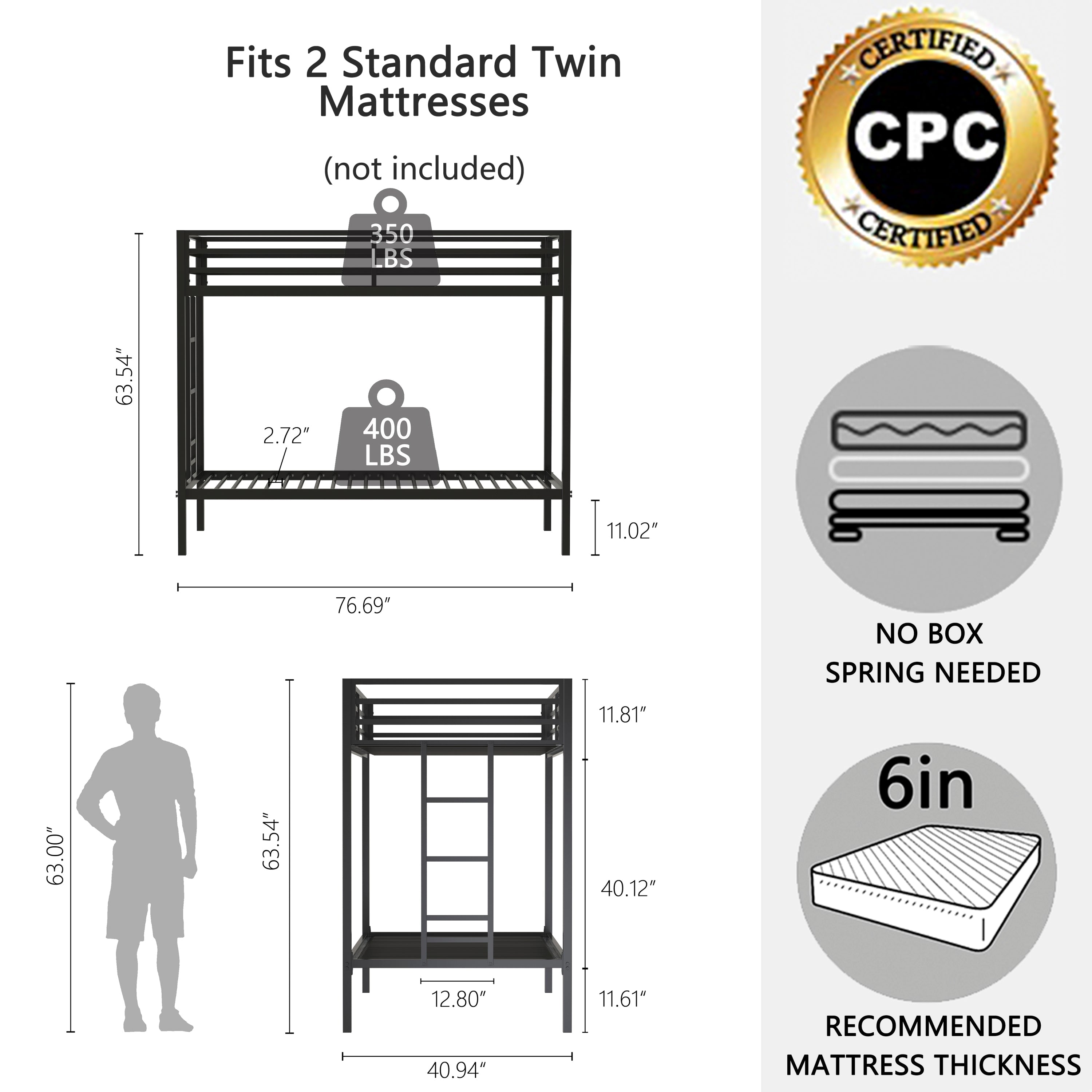 Adam Sturdy Twin Over Twin Bunk Bed Metal Black for Kids and Adult, Twin Over Twin Bunk Bed with Ladder and Guardrails, Easy Climbing, Beds for Bedroom