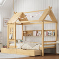 Twin house Beds with Storage Drawers and Window, Solid Wood House Platform Bed Frame with shelves, for Kids, Girls, Boys, No Spring Box Needed and Childlike Design, Natural