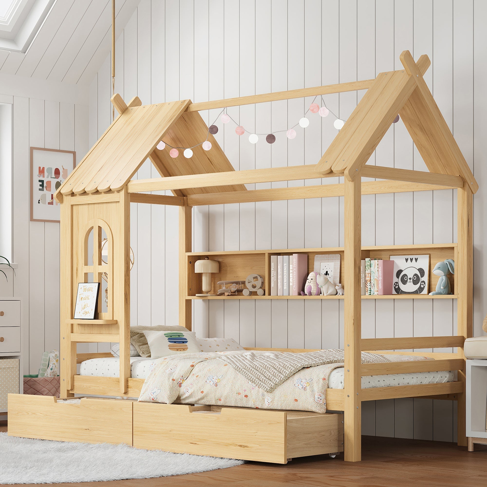 Twin house Beds with Storage Drawers and Window, Solid Wood House Platform Bed Frame with shelves, for Kids, Girls, Boys, No Spring Box Needed and Childlike Design, Natural
