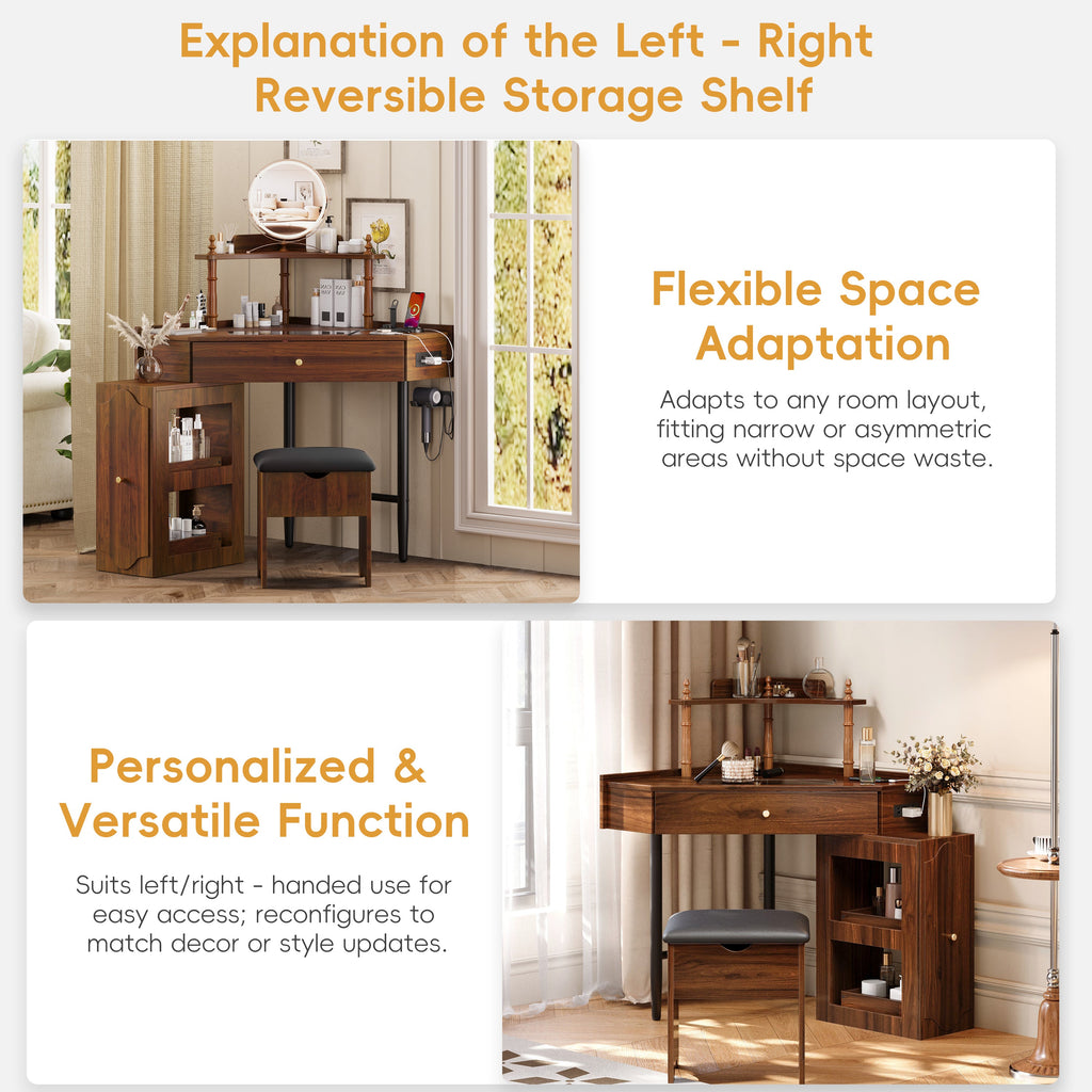 Corner Vanity Desk Set with Storage Cushioned Stool and Charging Station, Triangle Makeup Desk with Removable Pull-Out Side Cabinet, Glass Tabletop Makeup Vanity Desk with Drawer and Shelf, Walnut