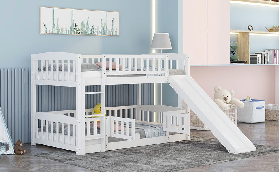 Bunk Bed with Slide,Twin Over Twin Low Bunk Bed with Fence and Ladder for  Kids Teens White