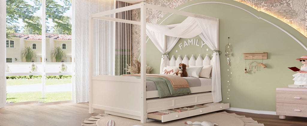 Full Platform Bed with Upholstered Headboard,Twin Size Trundle and 3 Drawers,Princess Canopy Bed Frame for Kids,Storage & Easy Assembly,Beige.