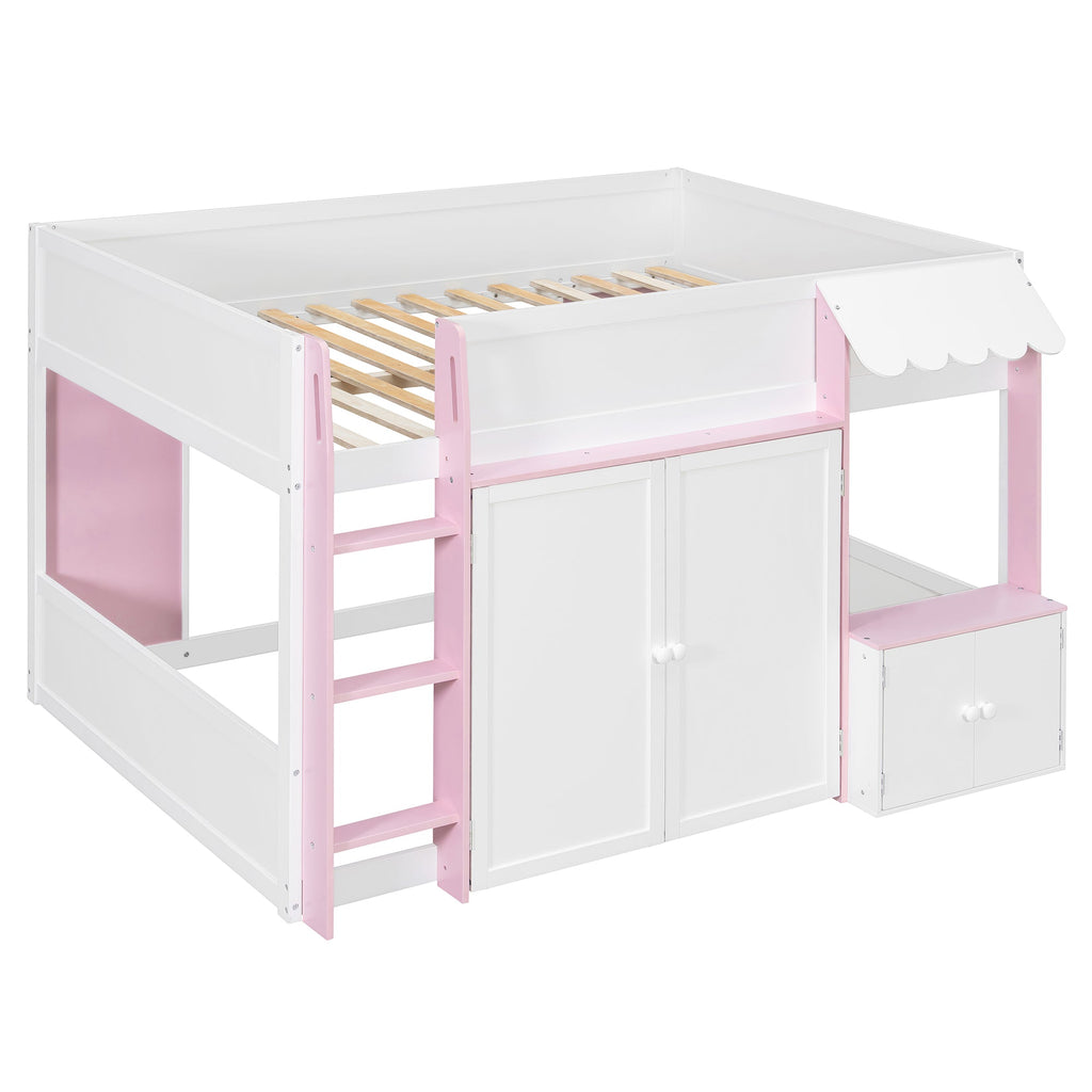 Full Loft House Bed with Playhouse & Storage, Modern Wood Cabin Bed for Kids/Teens, White+Pink