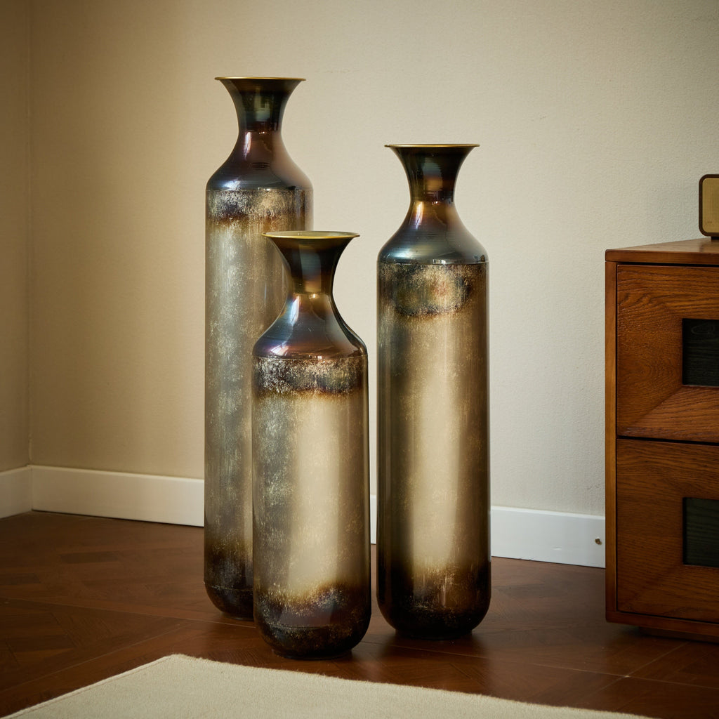 Modern Droplet-Shaped Floor Vase Set – Gold & White Glazed Metal Decorative Vases – 3-Piece Home Accent for Living Room or Entryway