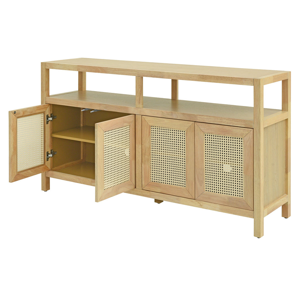 TREXM Bohemian Style Rattan Buffet Storage Cabinet with Solid Wood Frame, Sideboard with 3-position Adjustable Shelves for Living & Dining Rooms, No-Handle Push-to-Open Design (Natural)