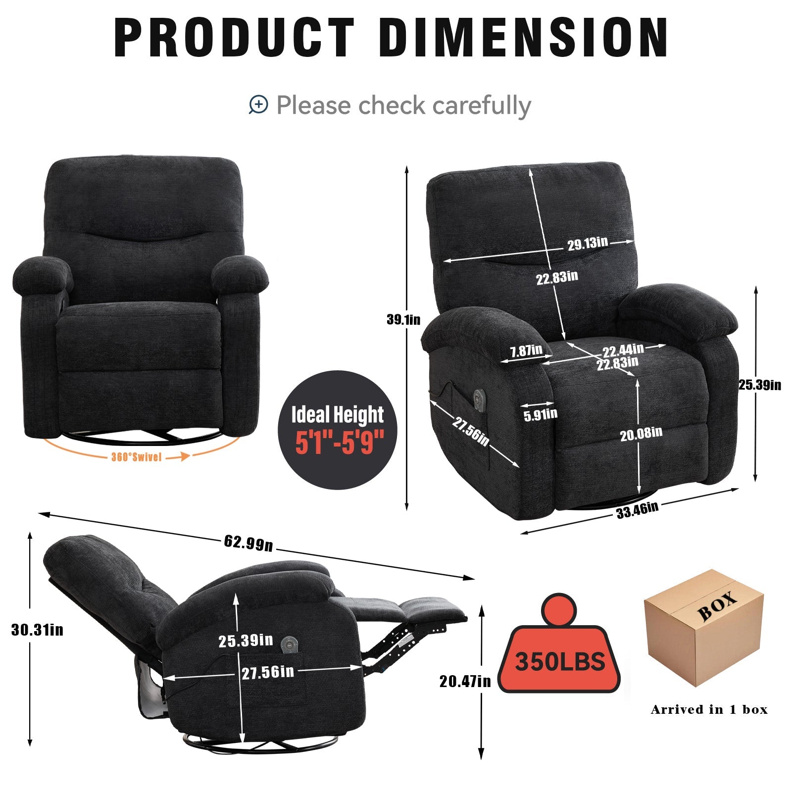 Hot massage manual lounge chair, with rocker arms and rotating fabric, with cup bucket, for living room, black