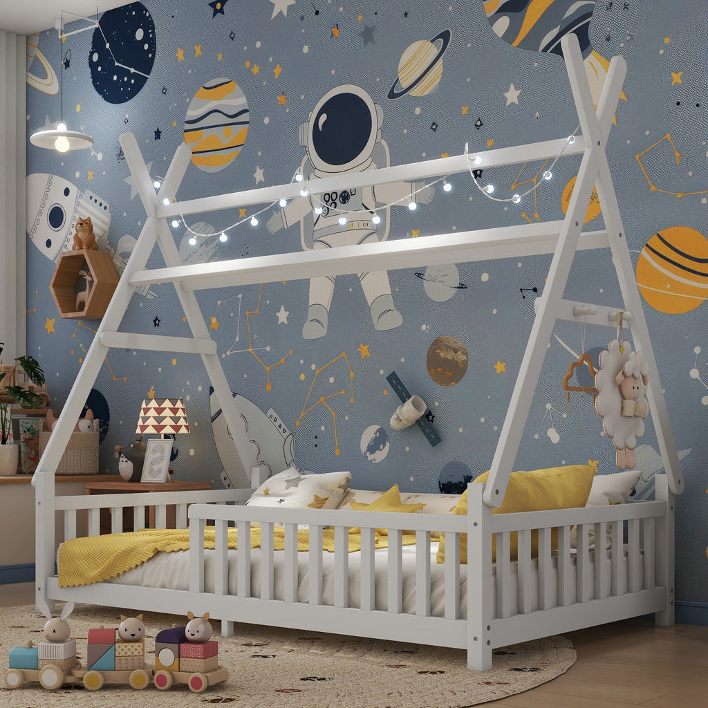 Twin House Bed with Light, Low Floor House Bed with Fence and Roof for Kids Boys Girls,White(Expect arrive date 2025/7/20)