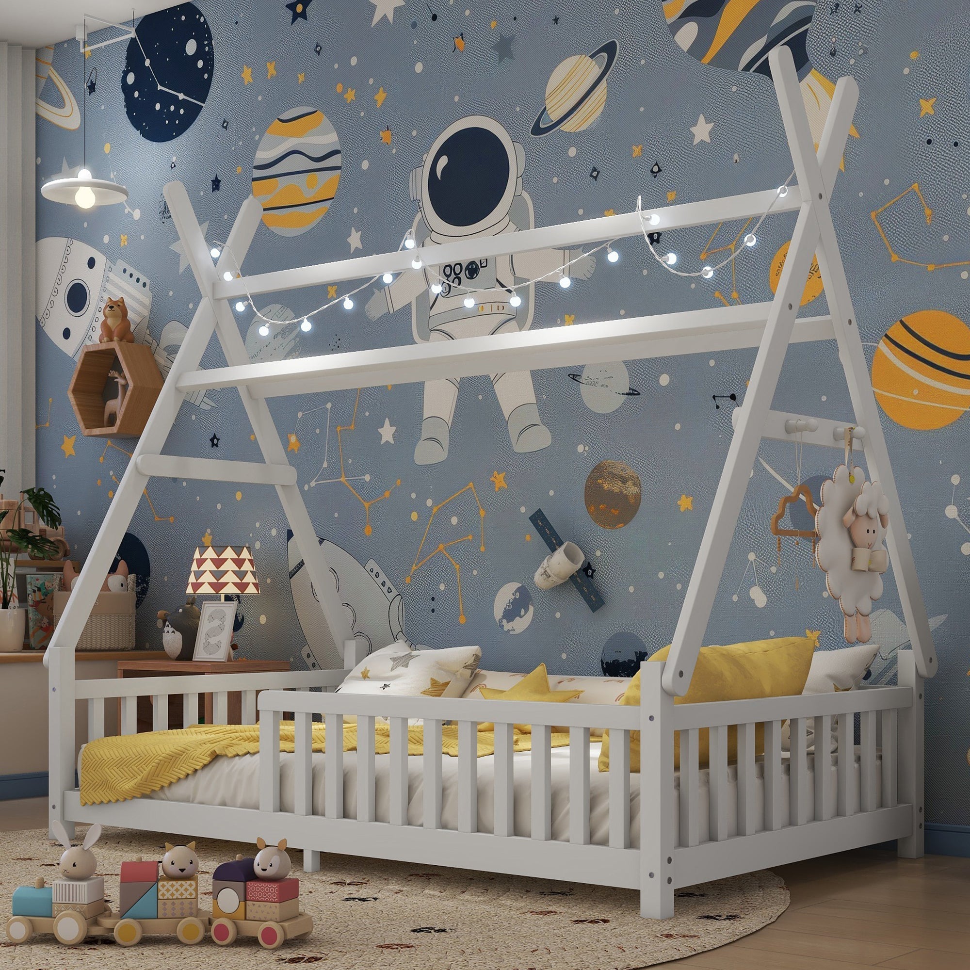 Twin House Bed with Light, Low Floor House Bed with Fence and Roof for Kids Boys Girls,White(Expect arrive date 2025/7/20)