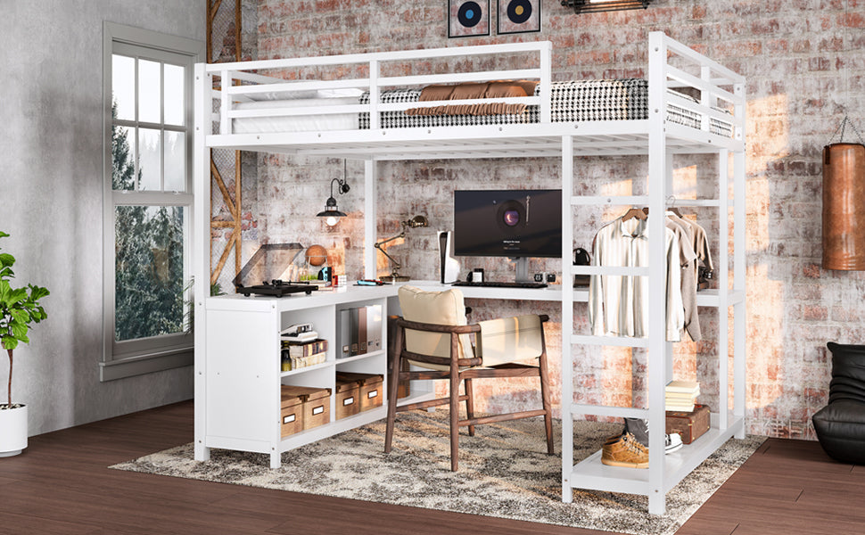 Metal Loft Bed with Wardrobe and L-shaped Desk, Full Size Loft Bed with Storage Cubes and Shelves, Loft Bed for Kids Teens Adults, White