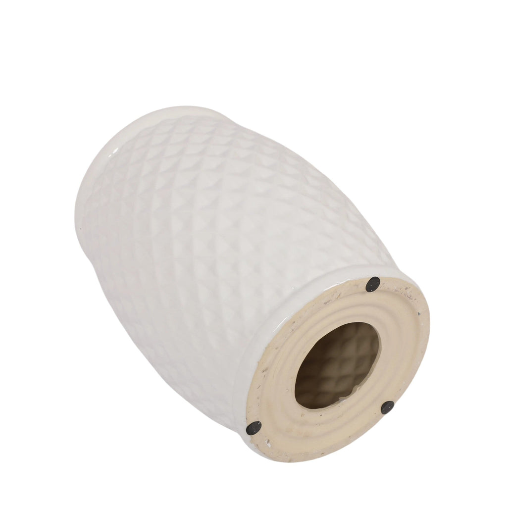 Glazed Ceramic Drum Stool - Indoor/Outdoor Side Table - White Ceramic 11 x 17.25 Inches