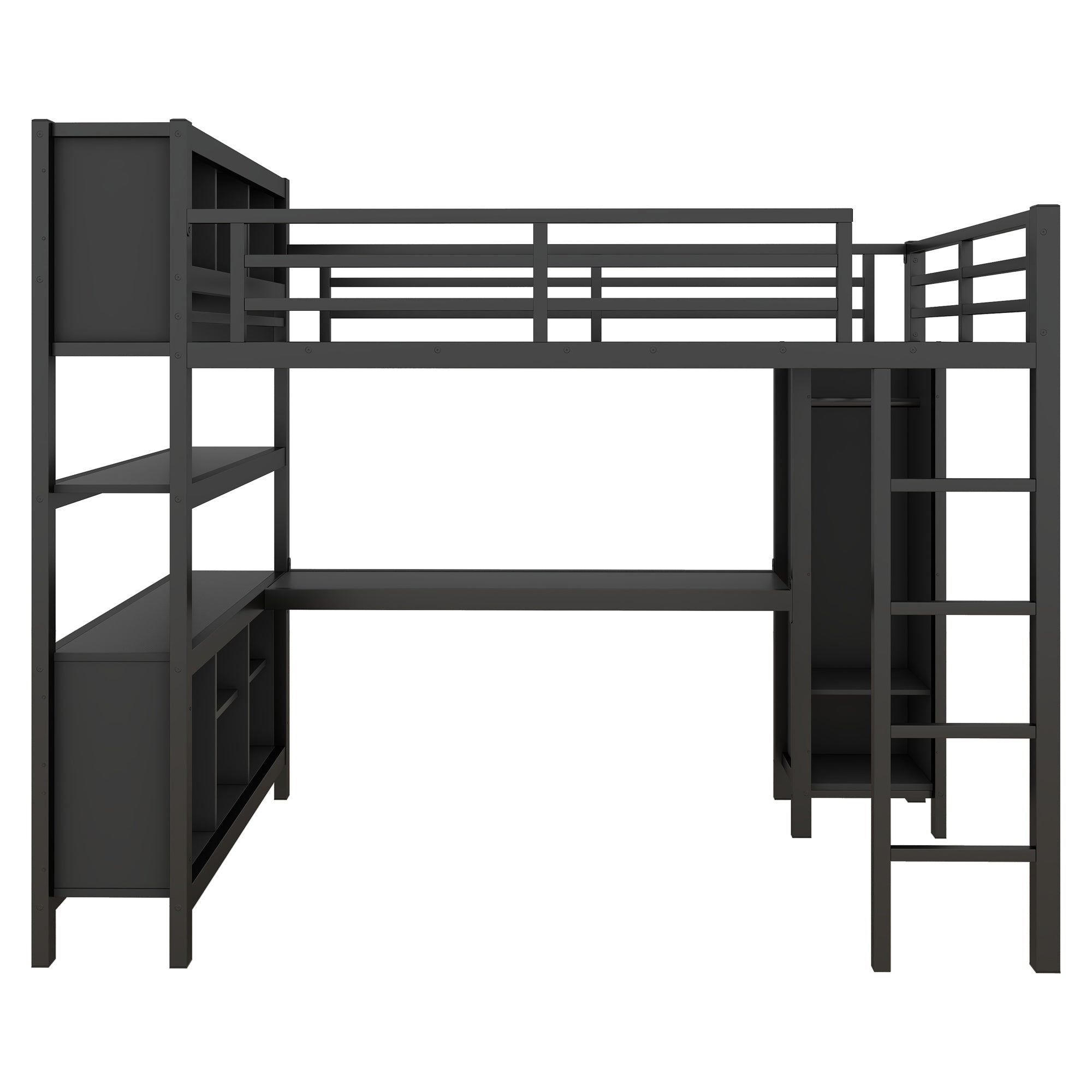 Metal Loft Bed with Wardrobe And L-shaped Desk, Full Size Loft Bed with Storage Cubes and Shelves, Heavy Duty Loft Bed for Kids Teens Adults, Black